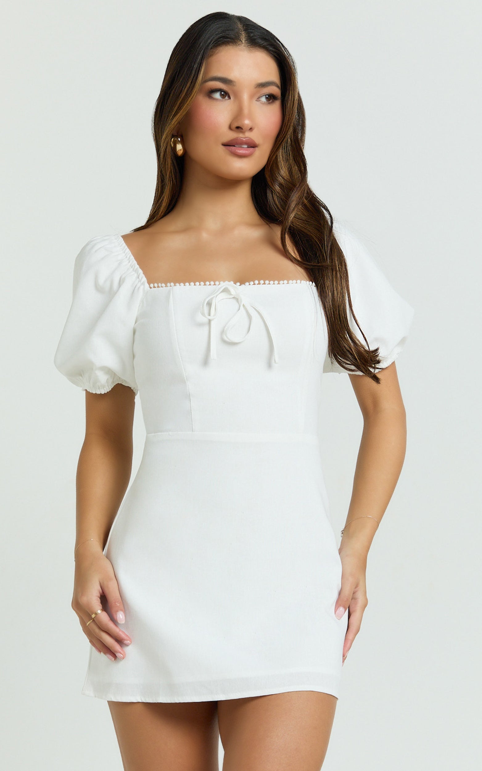 Jules Mini Elbise - Beyaz Balon Kollu Kare Yaka Fit & Flare Elbise