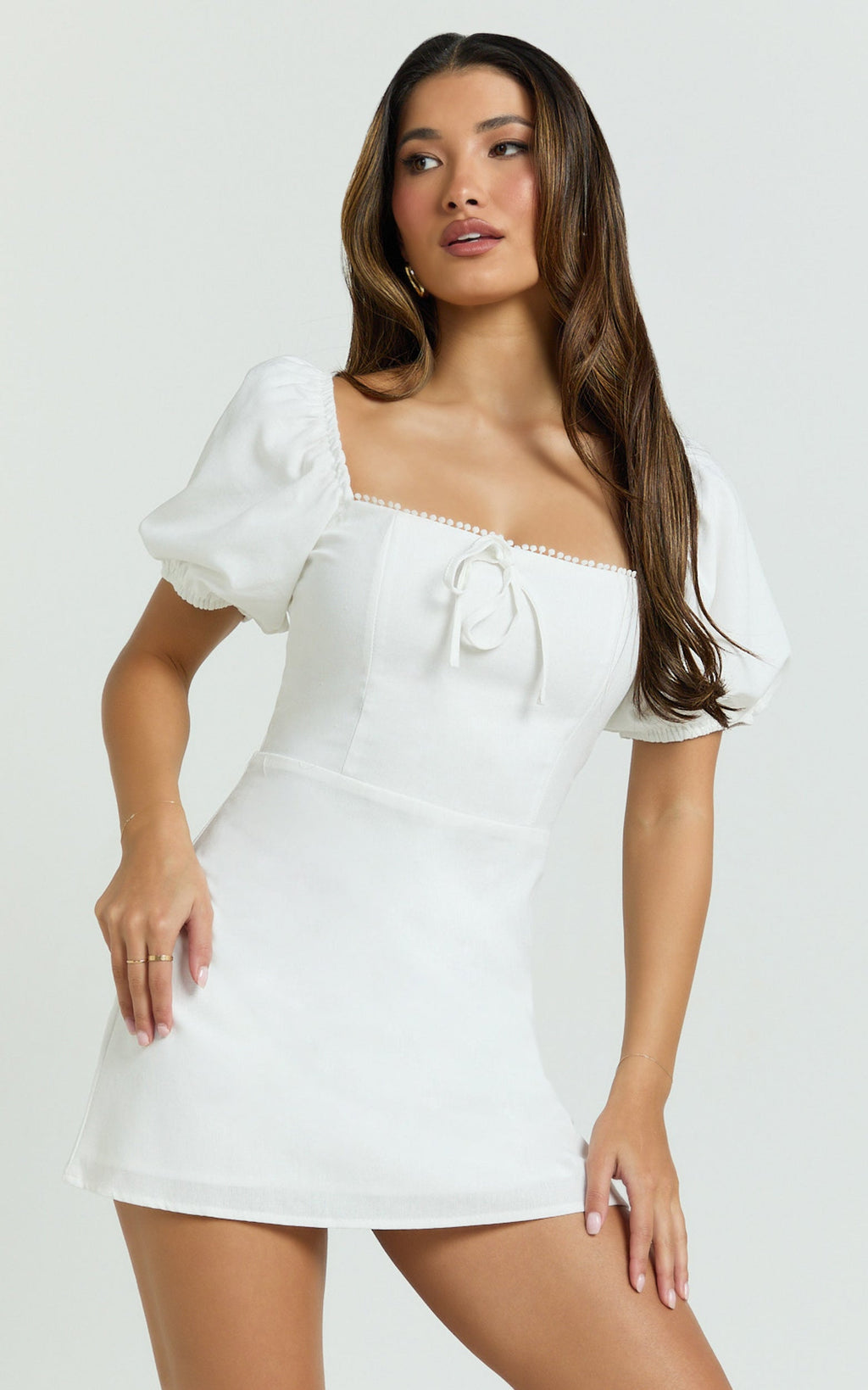 Jules Mini Elbise - Beyaz Balon Kollu Kare Yaka Fit & Flare Elbise