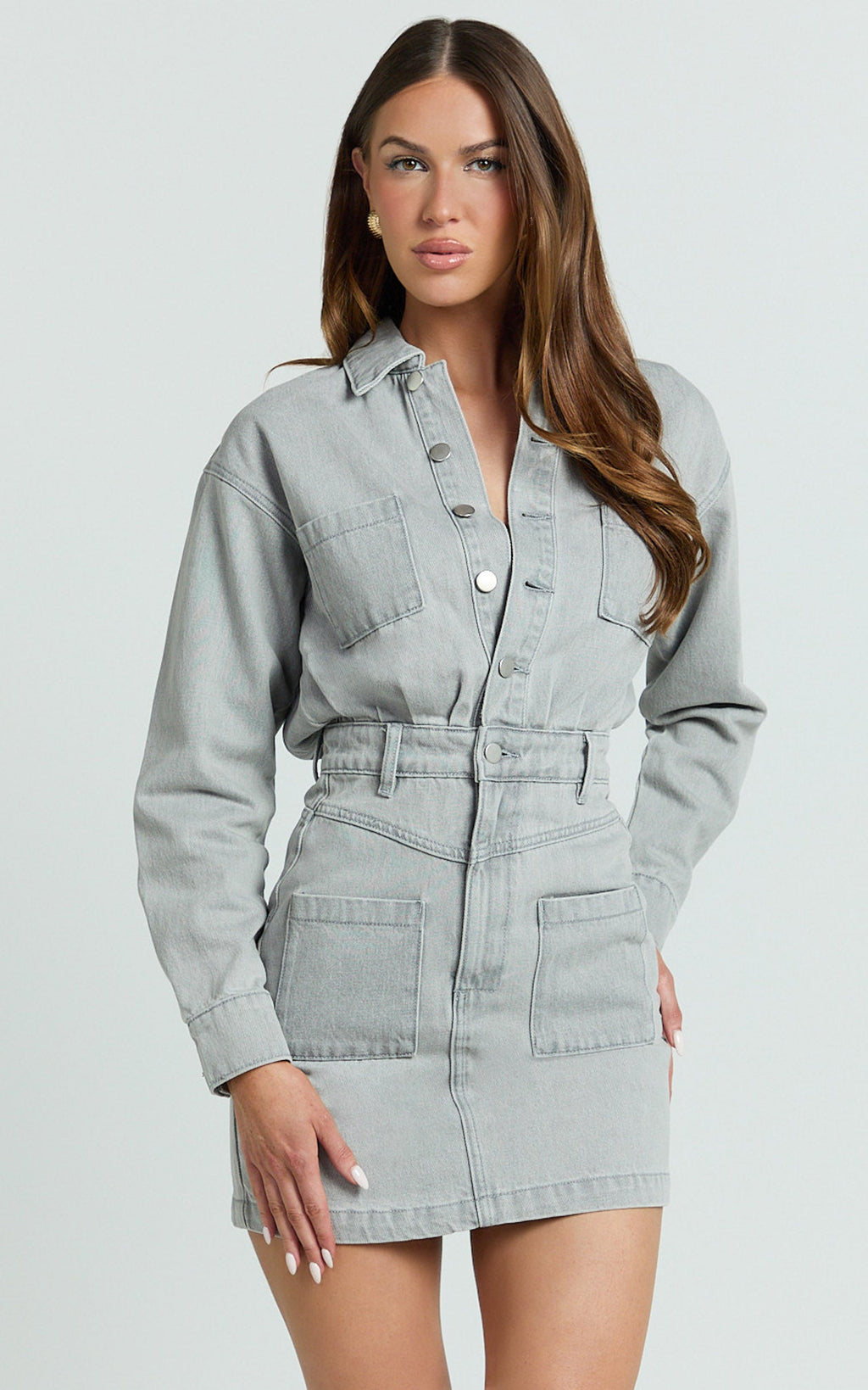 Kamala Mini Elbise - Gri Uzun Kollu Önden Düğmeli Denim Elbise