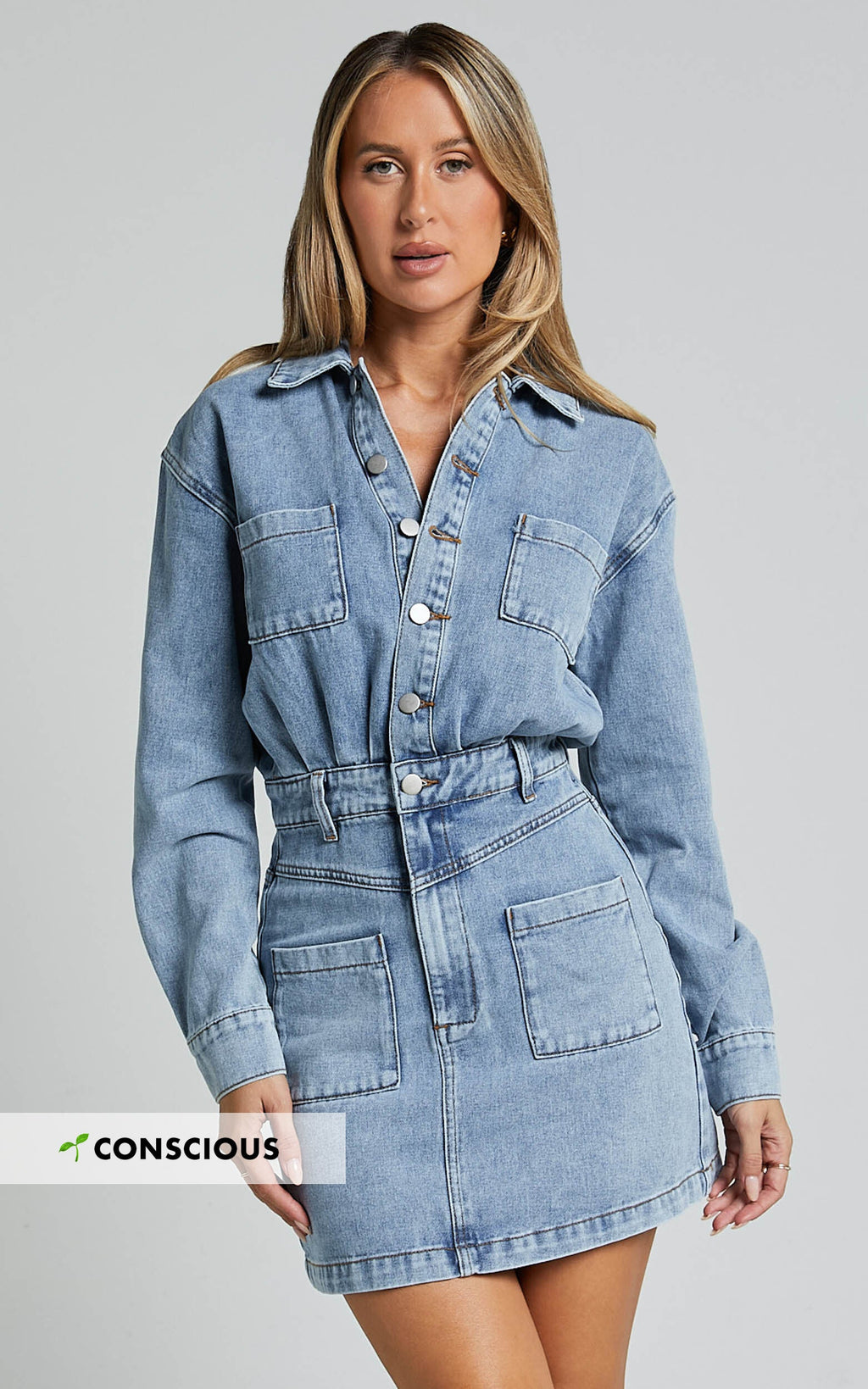 Kamala Mini Elbise - Açık Mavi Yıkamalı Uzun Kollu Baştan Sona Düğmeli Denim Elbise