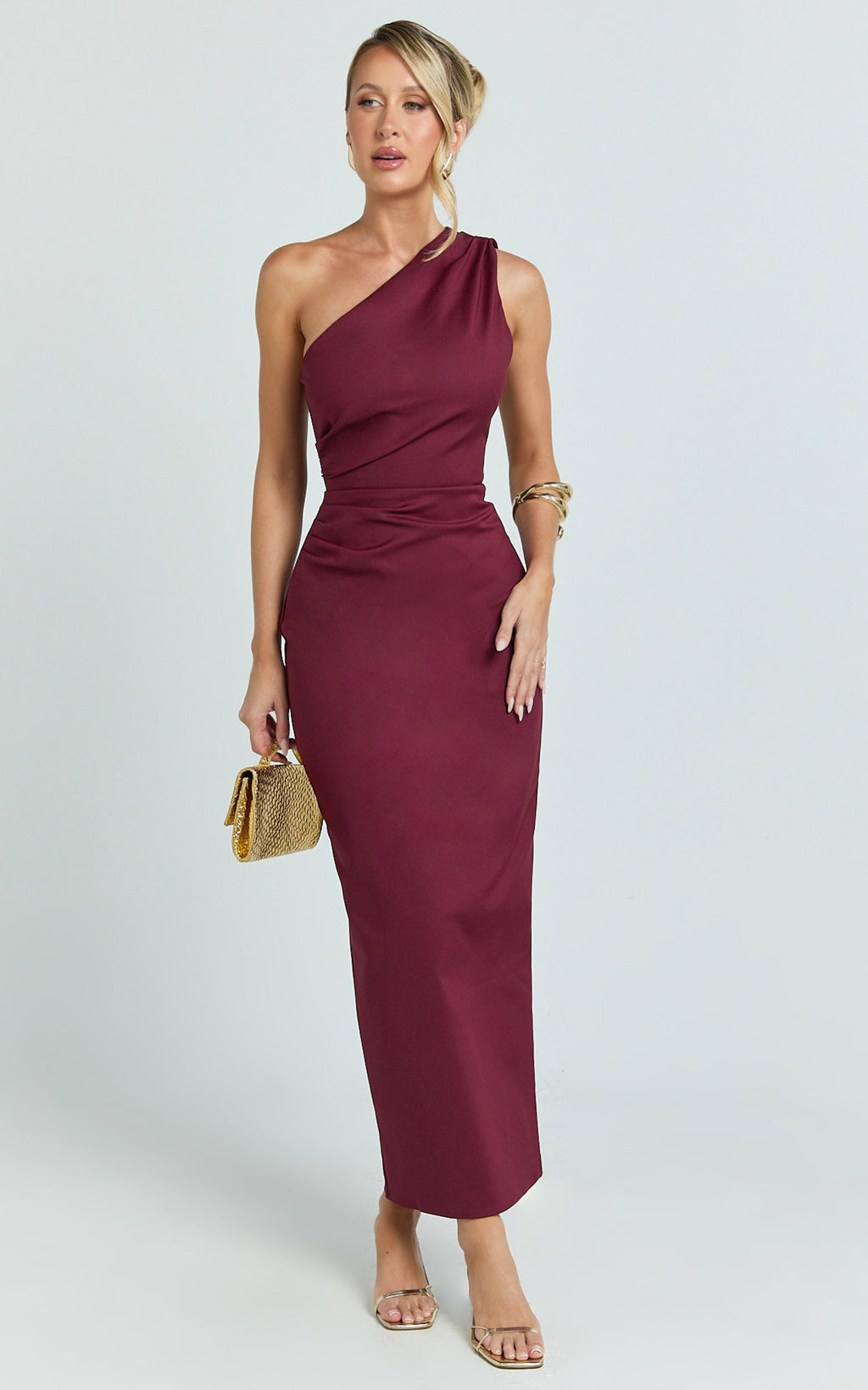 Karlie Midi Elbise - Tek Omuz Dar Kesim Elbise - Bordo