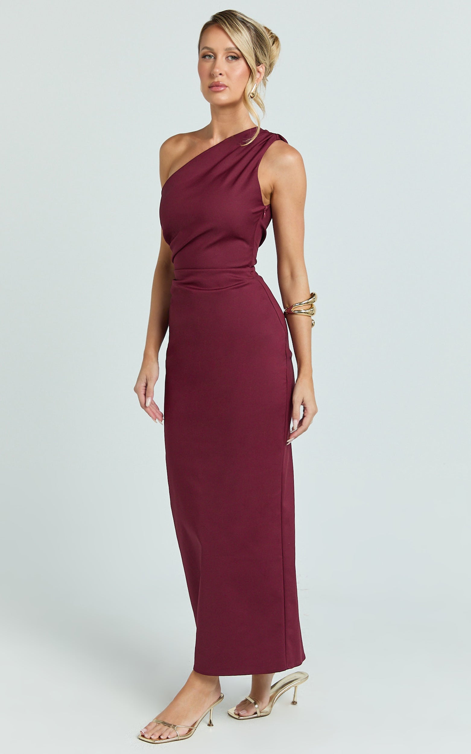 Karlie Midi Elbise - Tek Omuz Dar Kesim Elbise - Bordo
