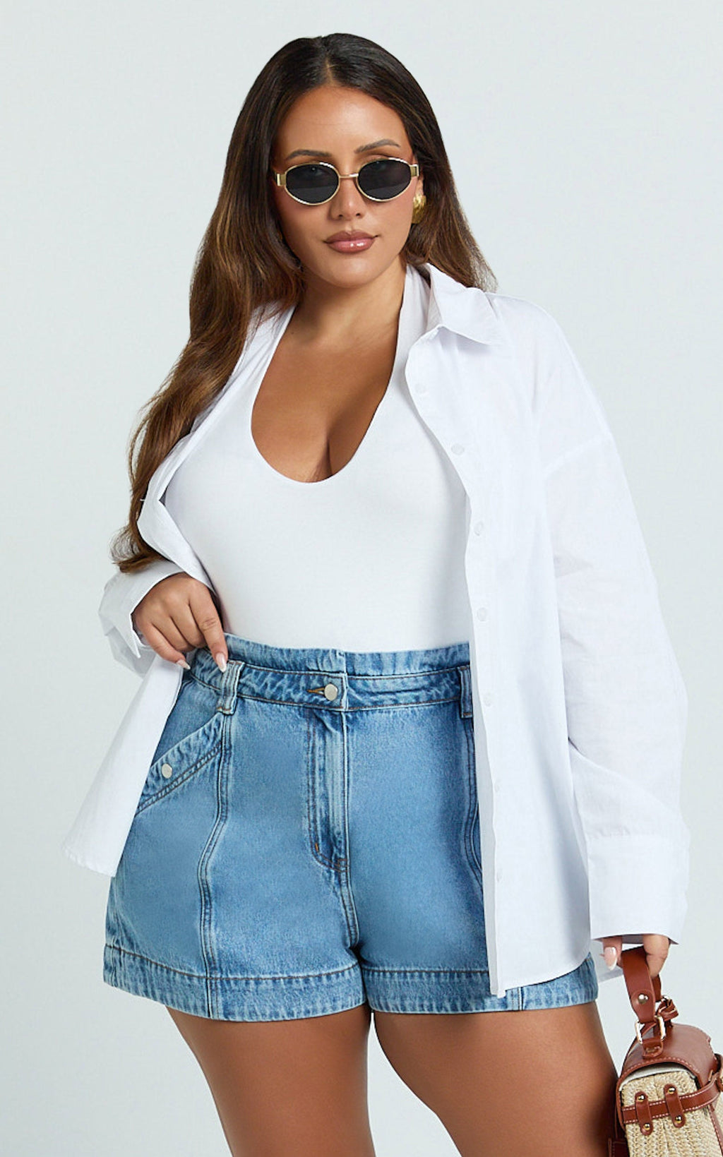 Kayla Şort - Orta Mavi Yıkamalı Yüksek Bel A Kesim Denim Şort