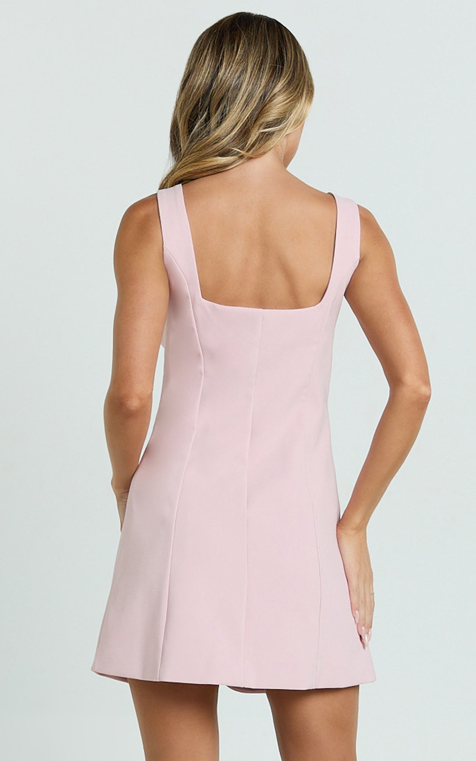 Kenna Mini Elbise - Pembe Kare Yaka Önden Düğmeli Mini Elbise