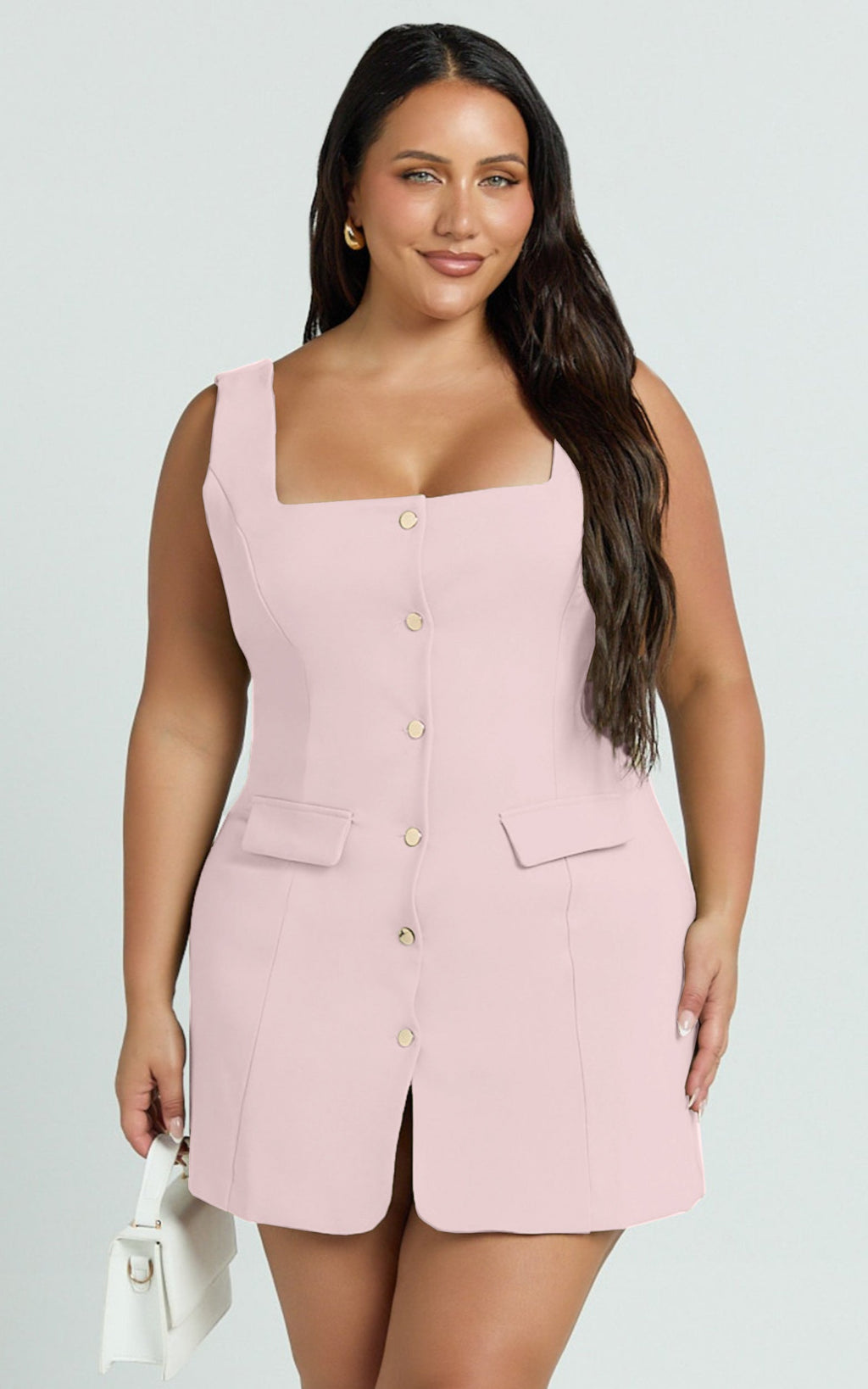 Kenna Mini Elbise - Pembe Kare Yaka Önden Düğmeli Mini Elbise