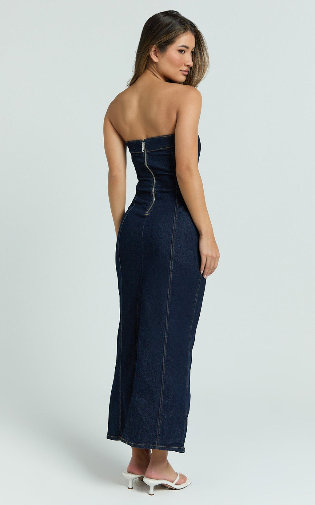 Keziah Maxi Elbise - İndigo Yıkamalı Denim Straplez Vücuda Oturan Elbise
