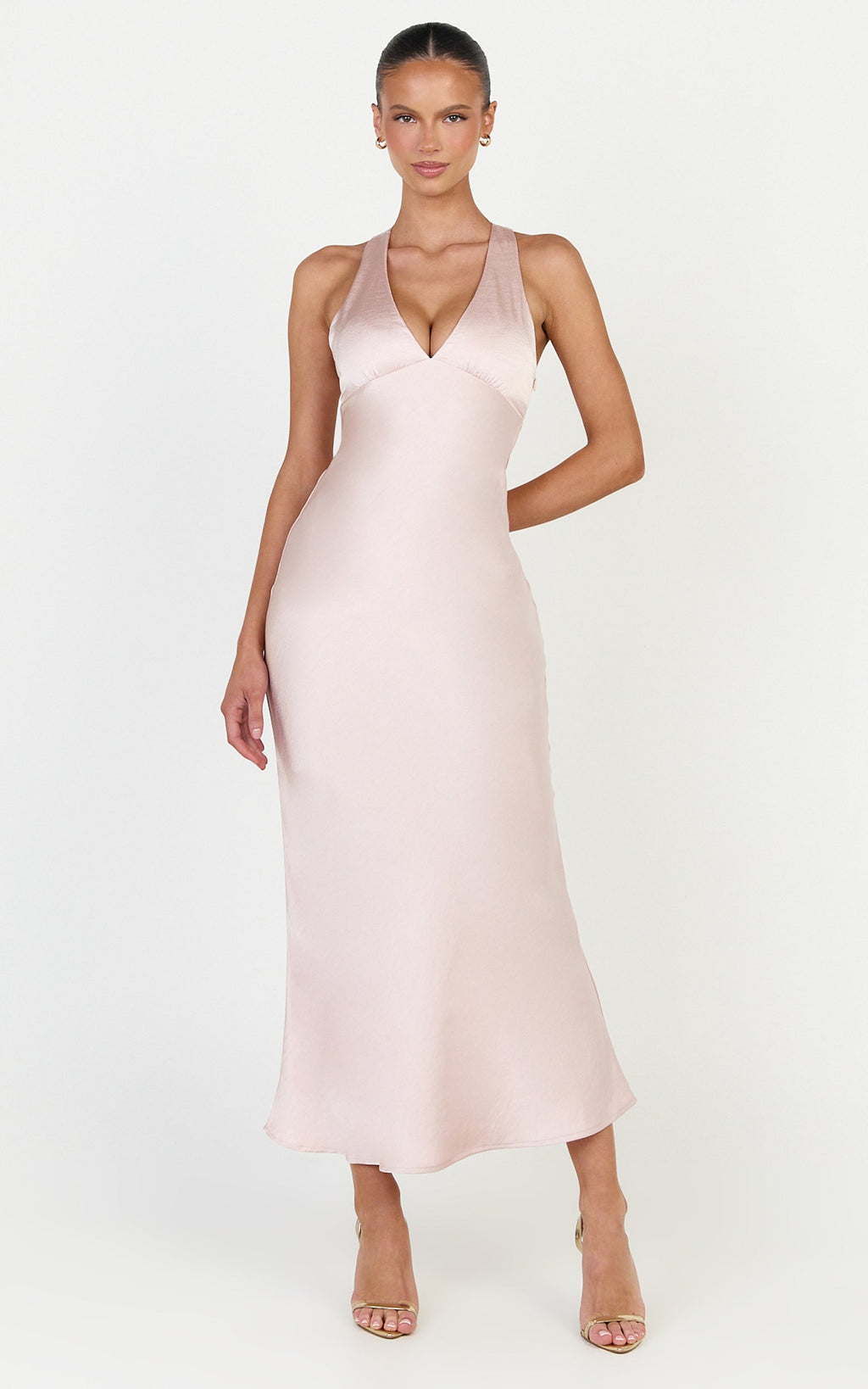 Khalani Midi Elbise - Açık Pembe Derin V Yaka Saten Slip Elbise