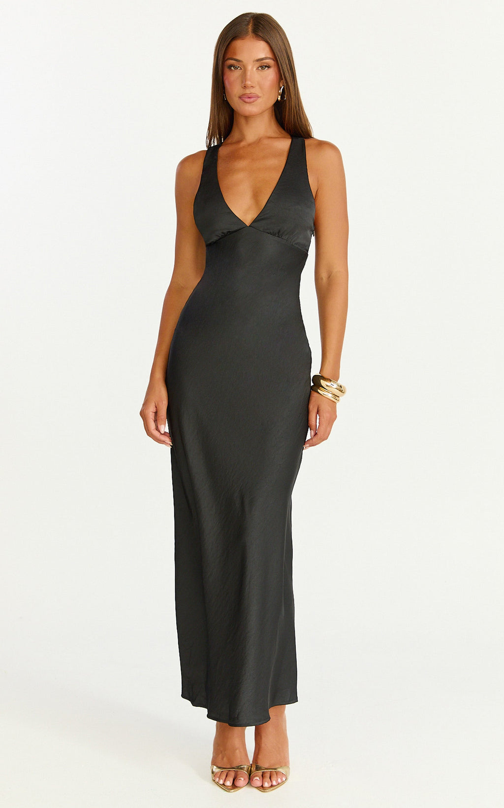 Khalani Midi Elbise - Derin V Yaka Saten Slip Elbise - Siyah