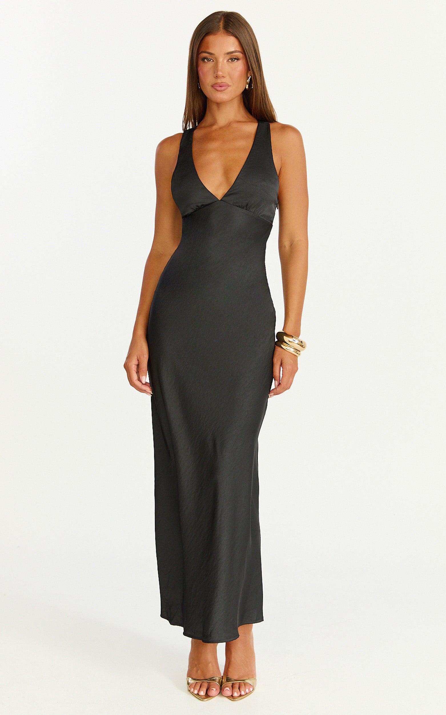 Khalani Midi Elbise - Derin V Yaka Saten Slip Elbise - Siyah