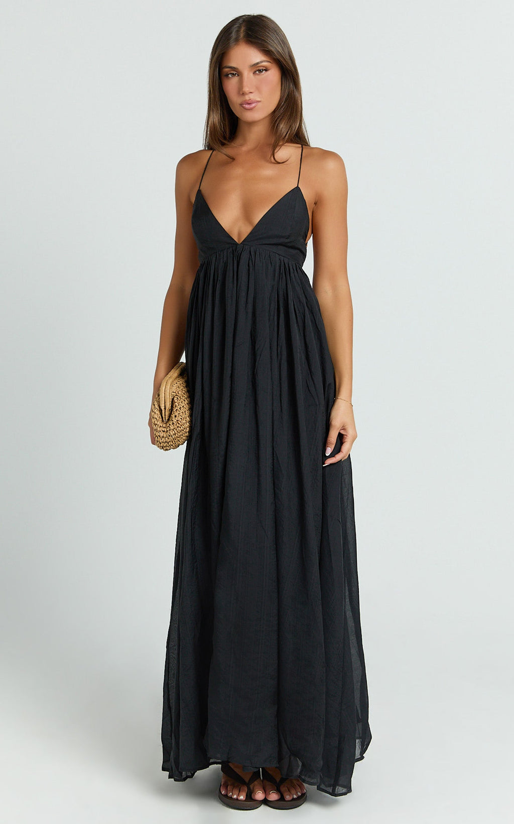 Kourtney Maxi Elbise - Siyah Derin V Yaka Fit & Flare Elbise