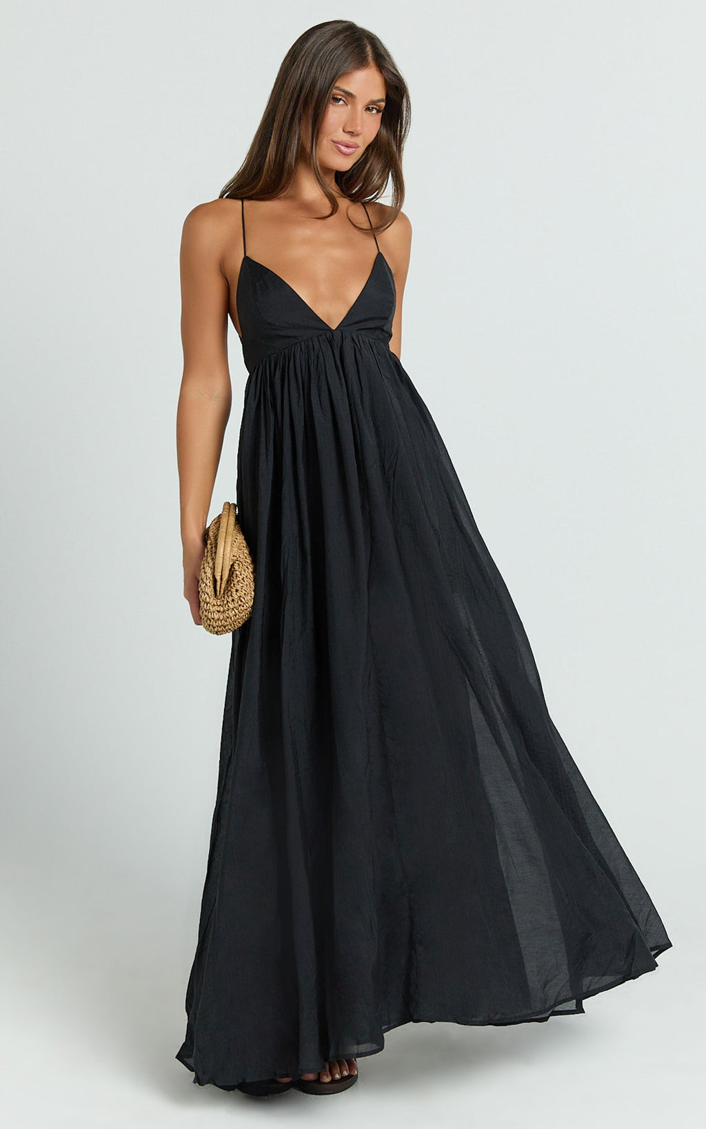 Kourtney Maxi Elbise - Siyah Derin V Yaka Fit & Flare Elbise