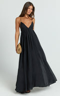 Kourtney Maxi Elbise - Siyah Derin V Yaka Fit & Flare Elbise