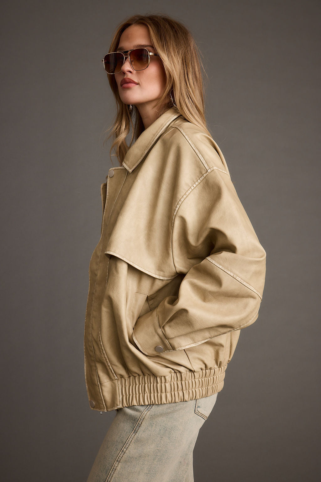 London Calling Açık Vizon Oversize Suni Deri Ceket