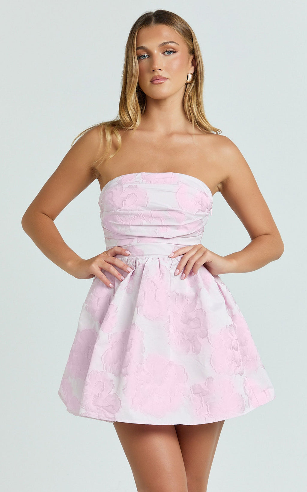 Laure Mini Elbise - Pembe Straplez Jakarlı Elbise