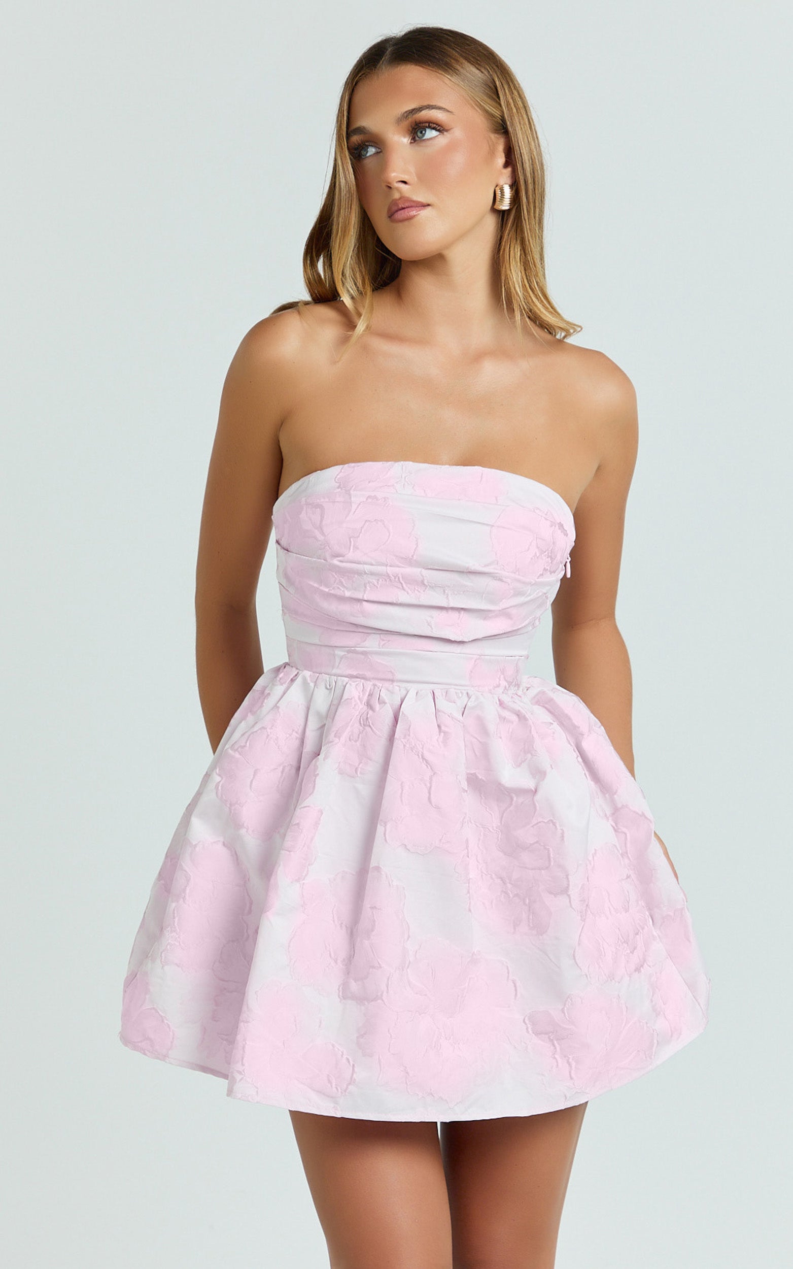 Laure Mini Elbise - Pembe Straplez Jakarlı Elbise