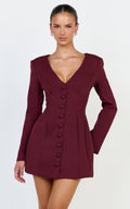 Lavender Mini Elbise - Bordo Geniş Yaka Düğmeli Blazer Elbise