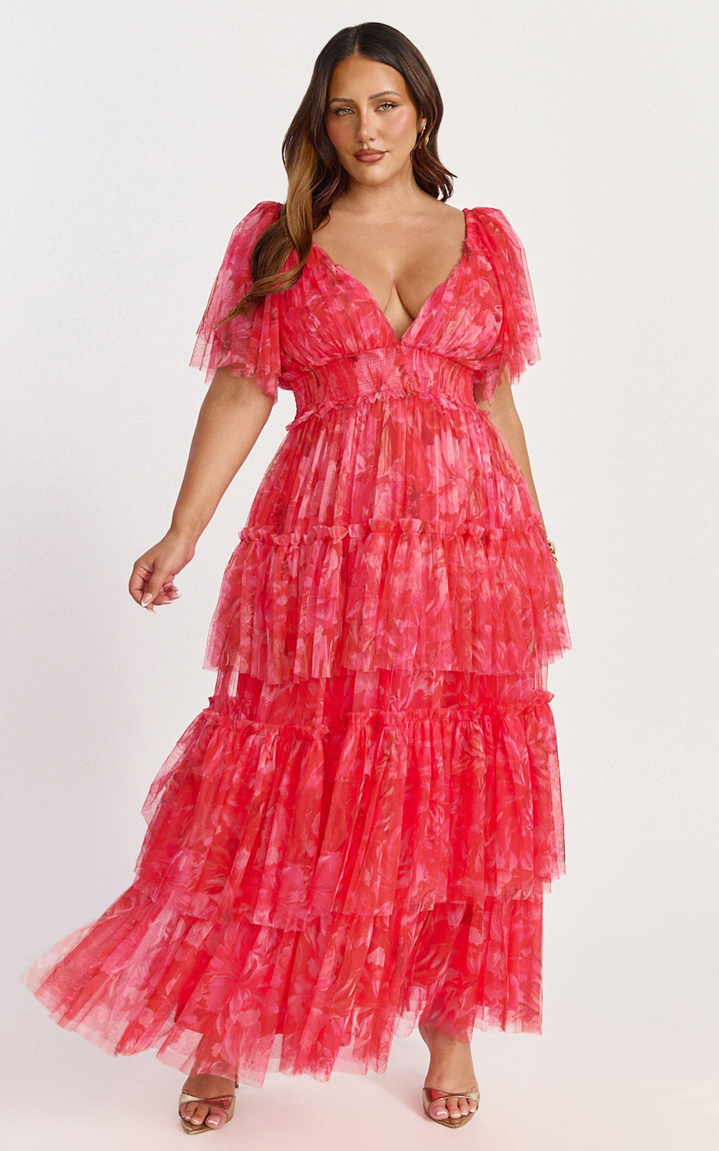Leianna Midi Elbise - Sunset Floral Desenli Tül Kelebek Kollu Katlı Fırfırlı Elbise