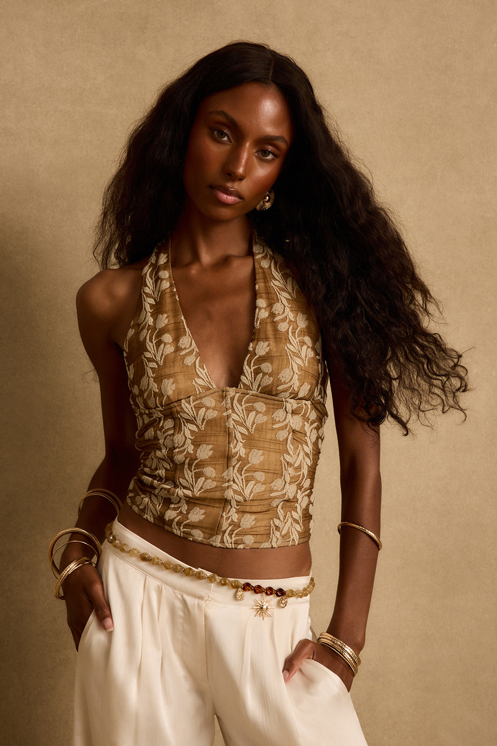 Lila Mocha Çiçekli Halter Bluz
