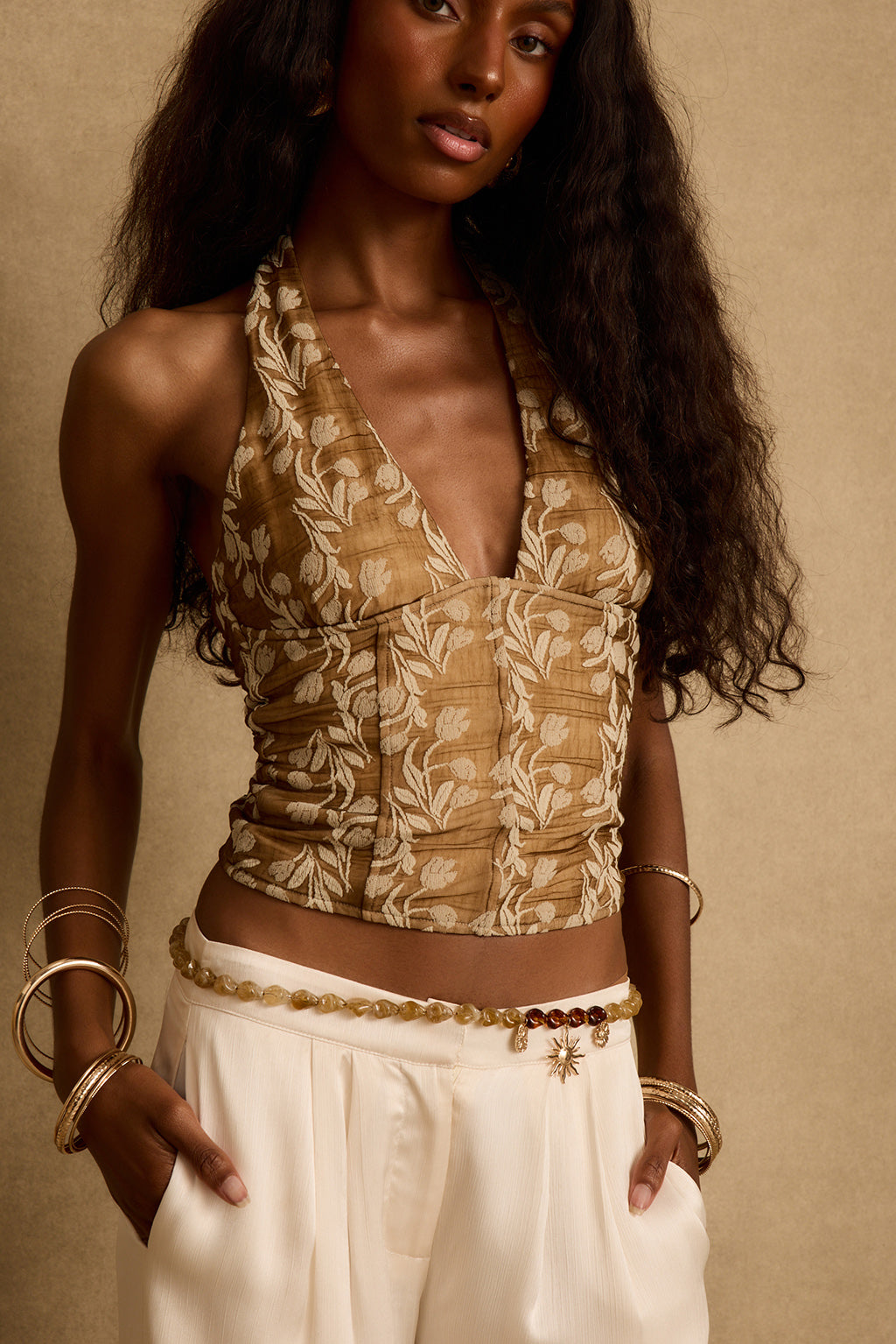 Lila Mocha Çiçekli Halter Bluz