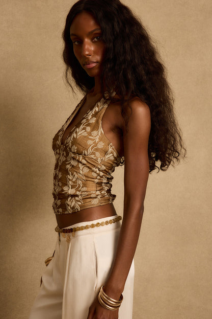 Lila Mocha Çiçekli Halter Bluz