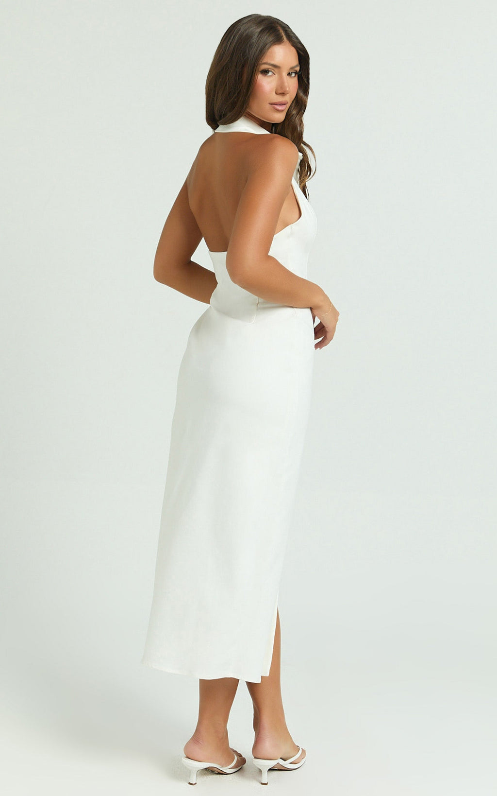 Lillibelle Midi Elbise - Kırık Beyaz Yakalı Düğmeli Bodycon Elbise