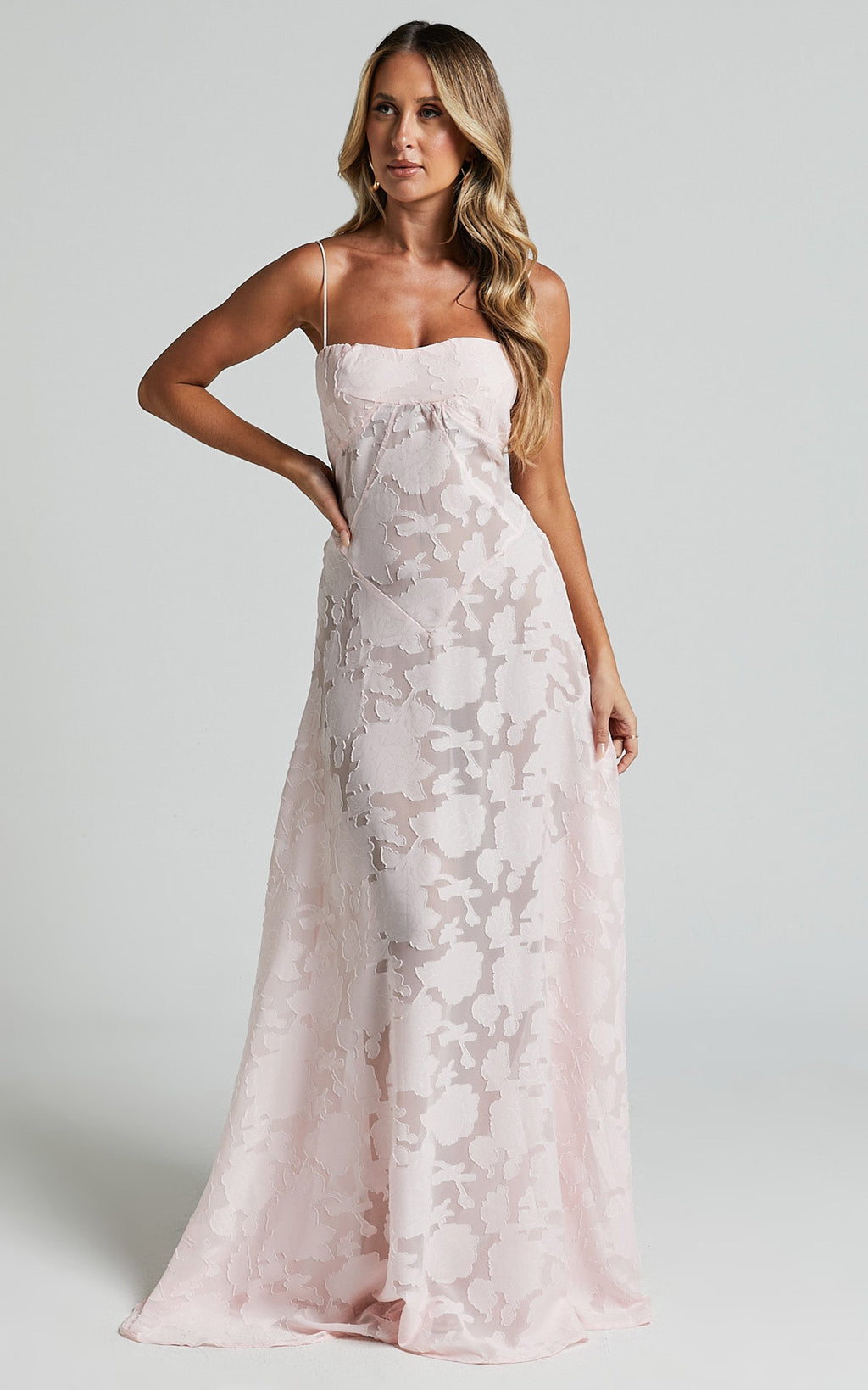 Lily Maxi Elbise - Pembe Transparan Jakarlı Maxi Elbise