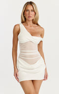 Lola Mini Elbise - Beyaz Tek Omuz Kontrast Vücuda Oturan Elbise