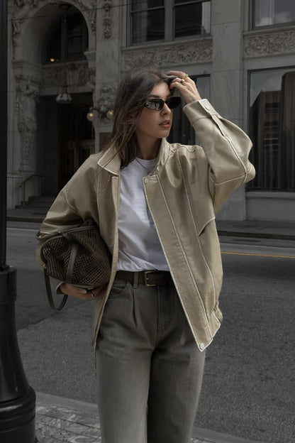 London Calling Açık Vizon Oversize Suni Deri Ceket