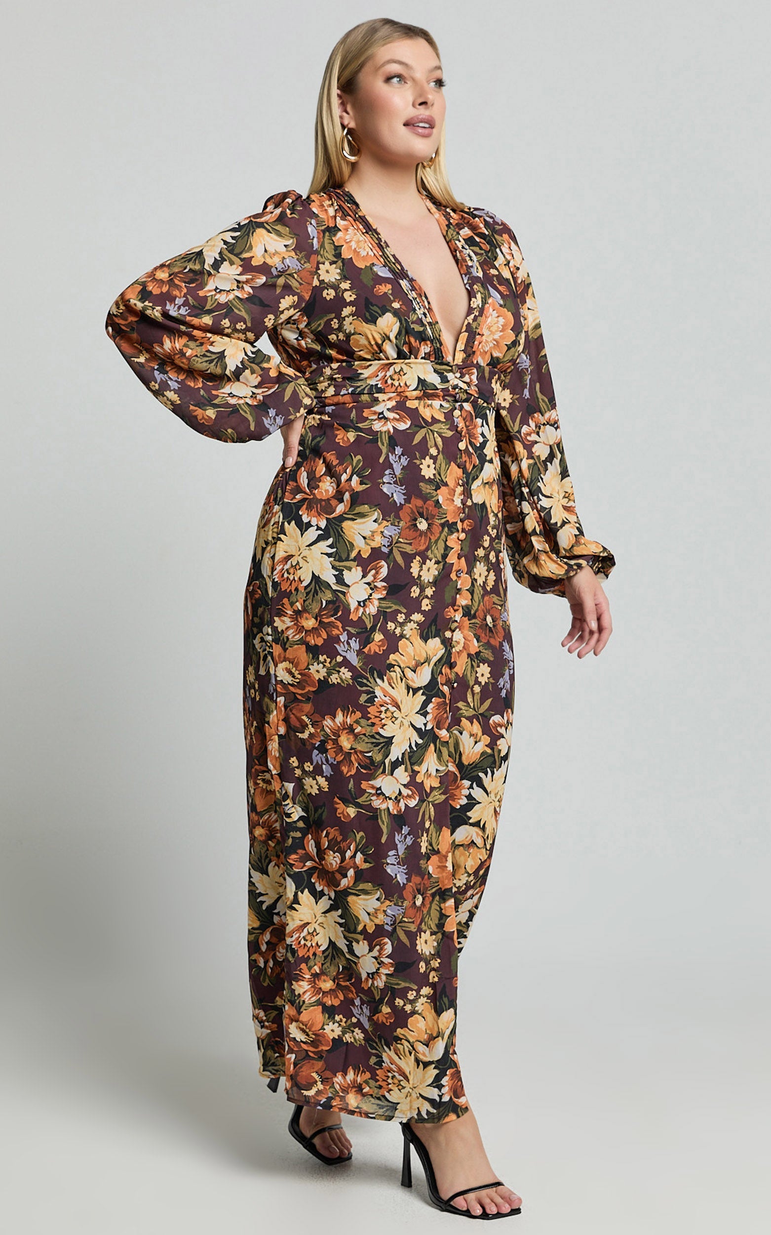 Lorelei Maxi Elbise - Indulgent Bloom Desenli V Yaka Balon Kollu Elbise