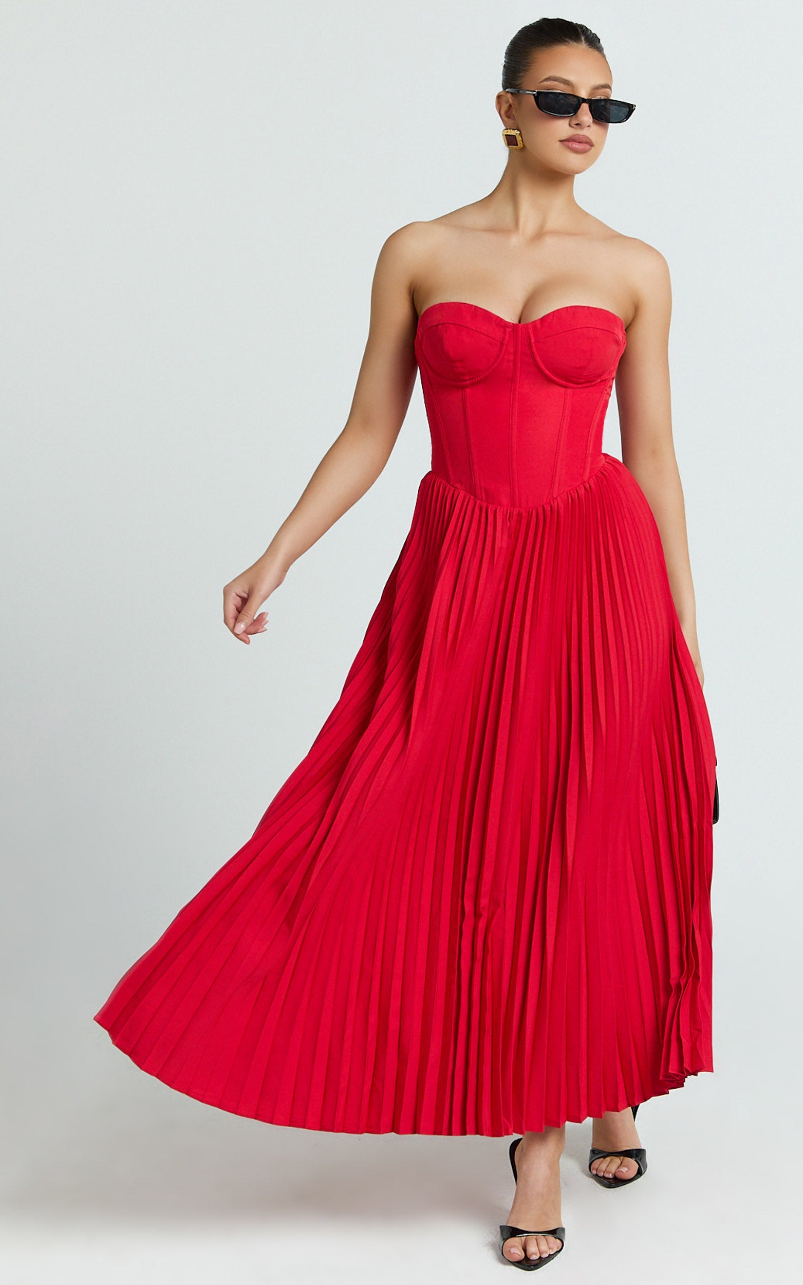 Loretta Midi Elbise - Kırmızı Arkası Bağcıklı Büstiyer Pileli Elbise