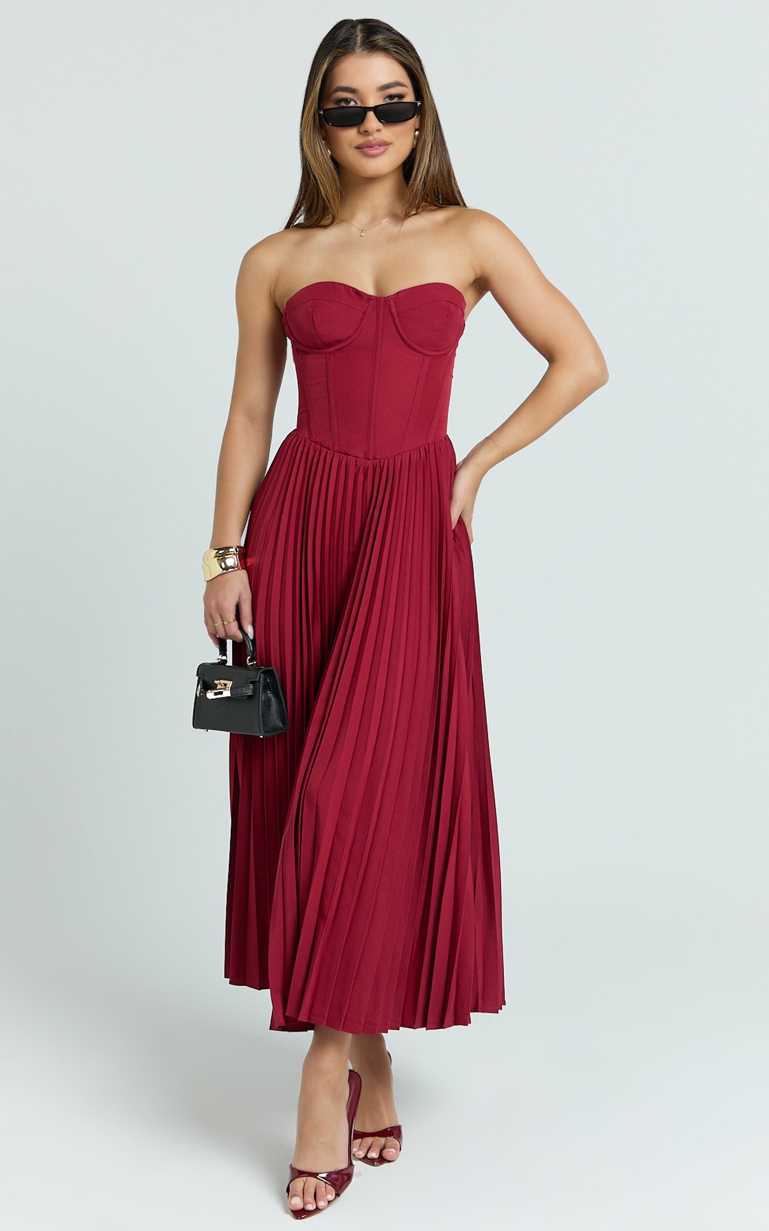 Loretta Midi Elbise - Bordo Arkası Bağcıklı Büstiyer Pileli Elbise