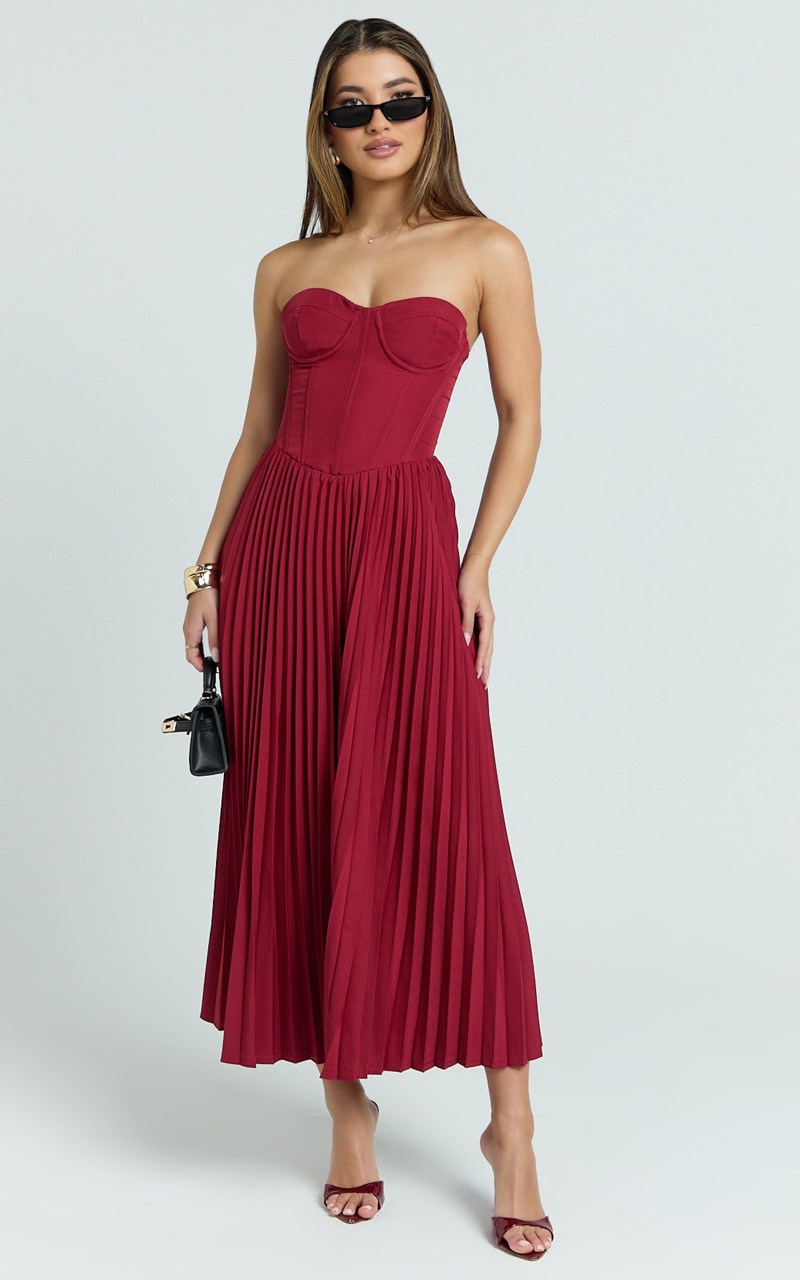 Loretta Midi Elbise - Bordo Arkası Bağcıklı Büstiyer Pileli Elbise