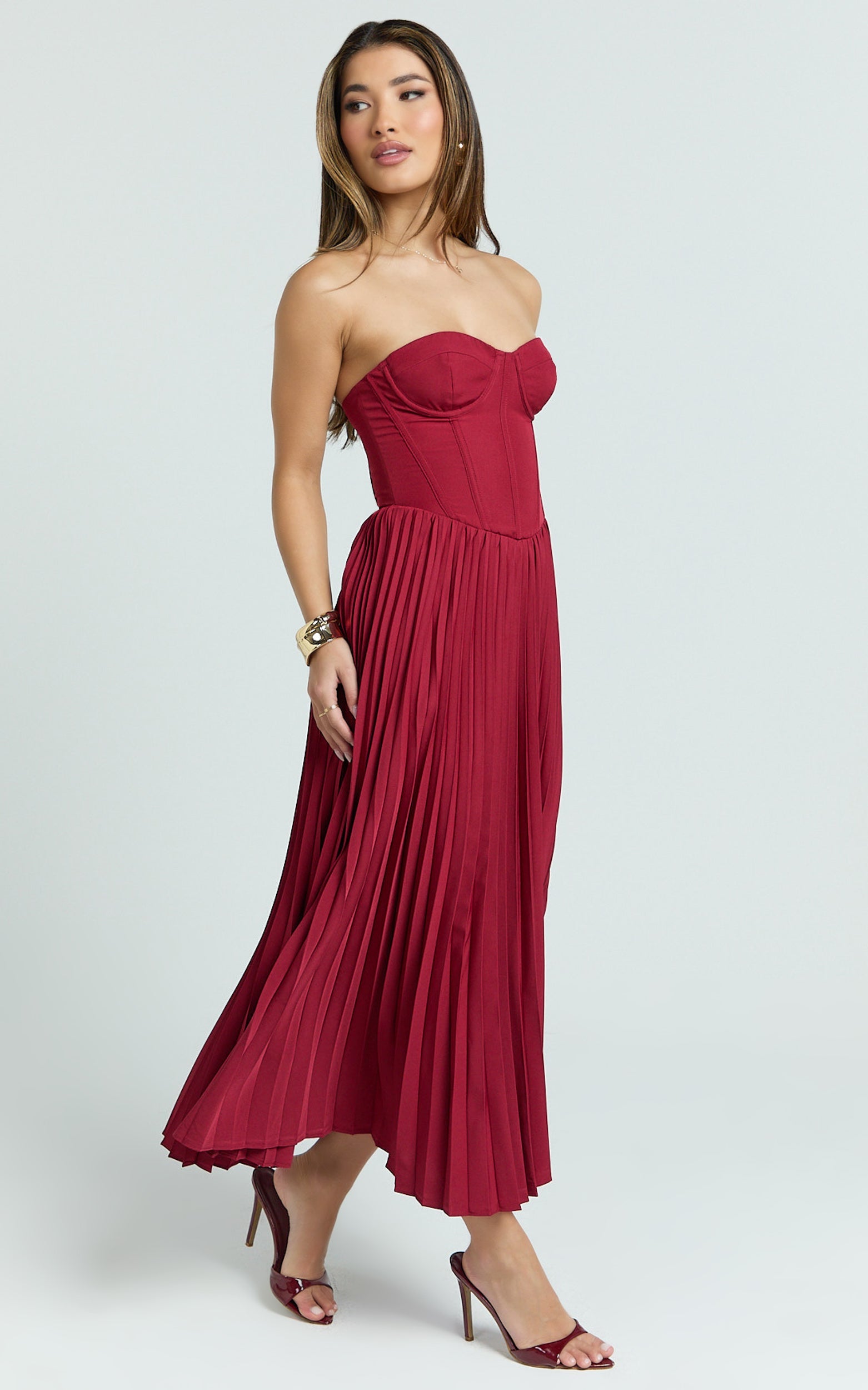 Loretta Midi Elbise - Bordo Arkası Bağcıklı Büstiyer Pileli Elbise