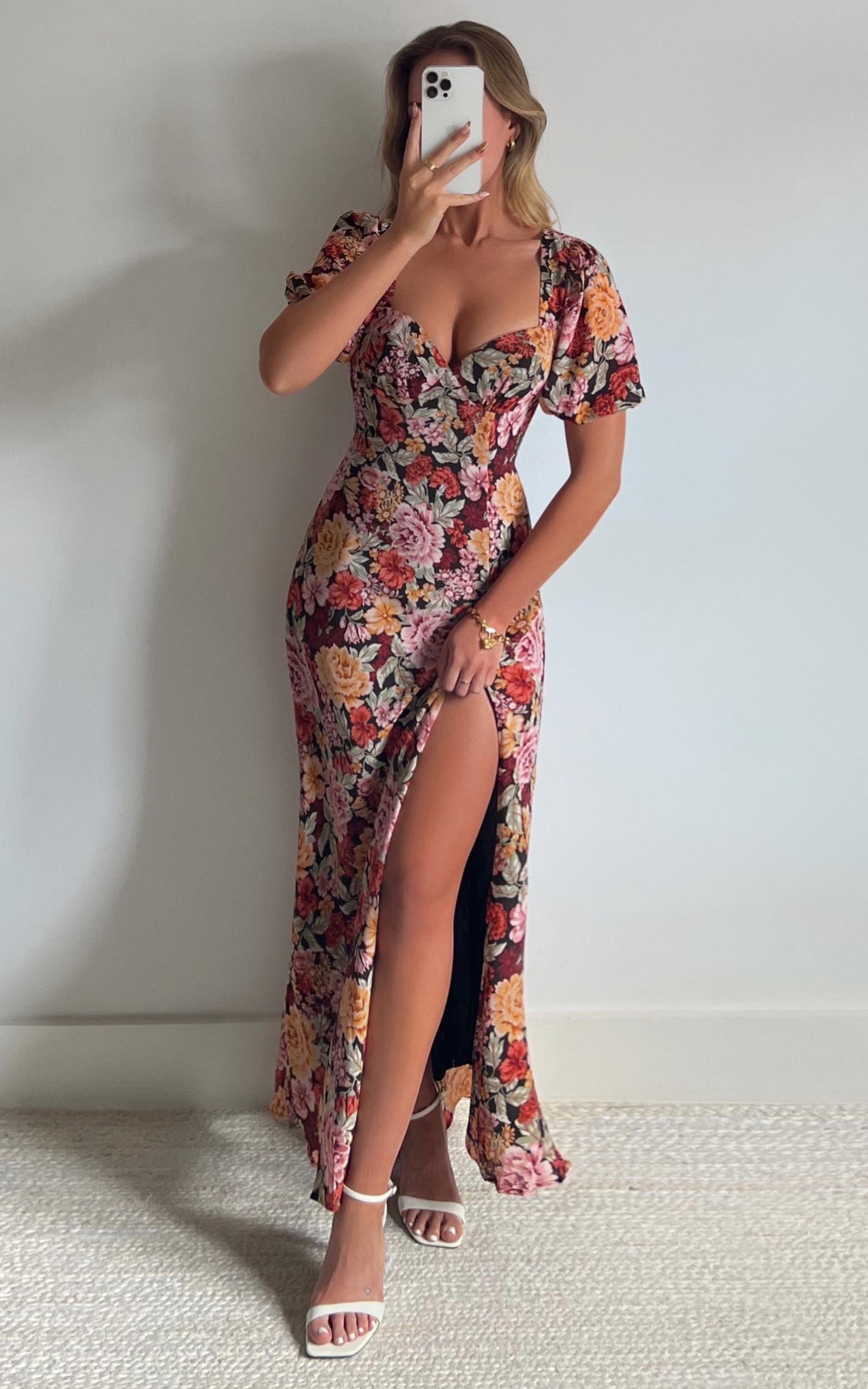 Lorie Maxi Elbise - Boheme Çiçek Desenli Kısa Kollu Dekolteli Arkadan Bağlamalı Elbise