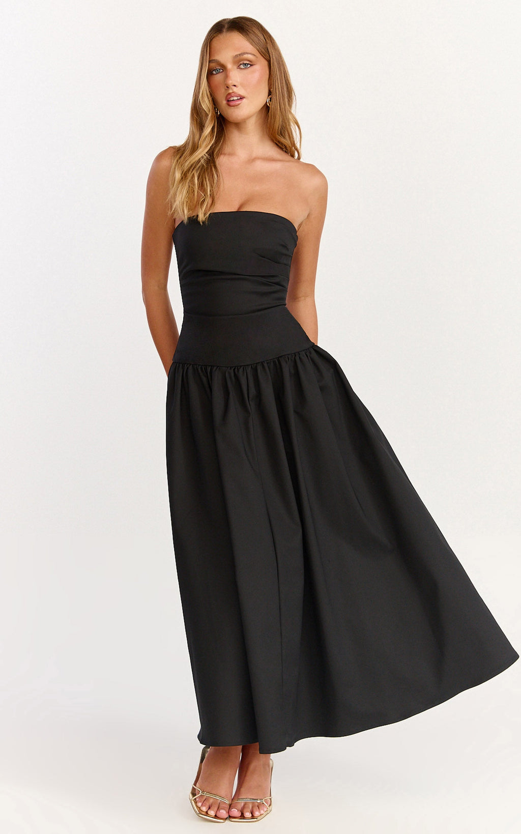 Louisa Midi Elbise - Straplez Yan Büzgülü Düşük Bel Fit & Flare Elbise - Siyah