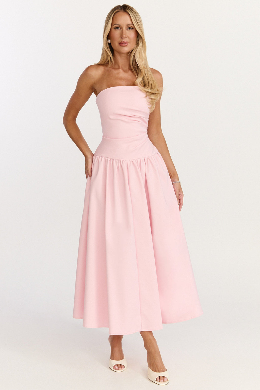 Louisa Midi Elbise - Straplez Yan Büzgülü Düşük Bel Fit & Flare Elbise - Pembe