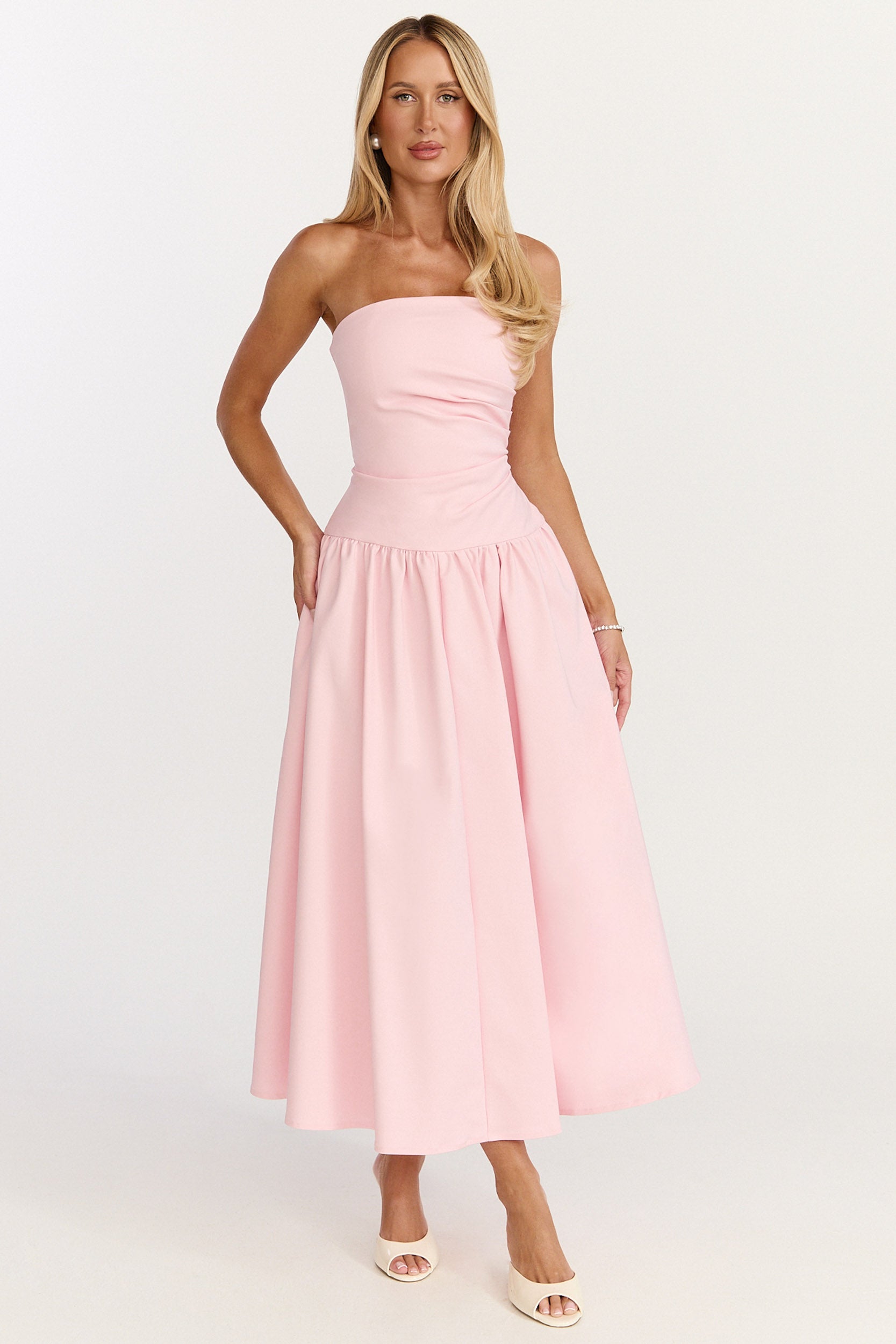Louisa Midi Elbise - Straplez Yan Büzgülü Düşük Bel Fit & Flare Elbise - Pembe