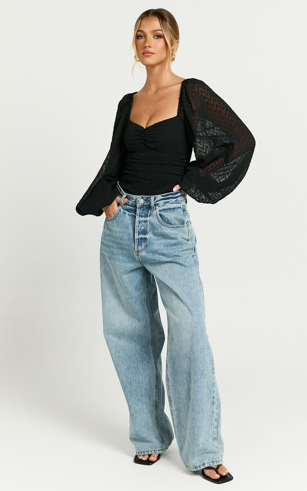 Lunara Bodysuit - Siyah Dokulu Balon Kollu Bodysuit