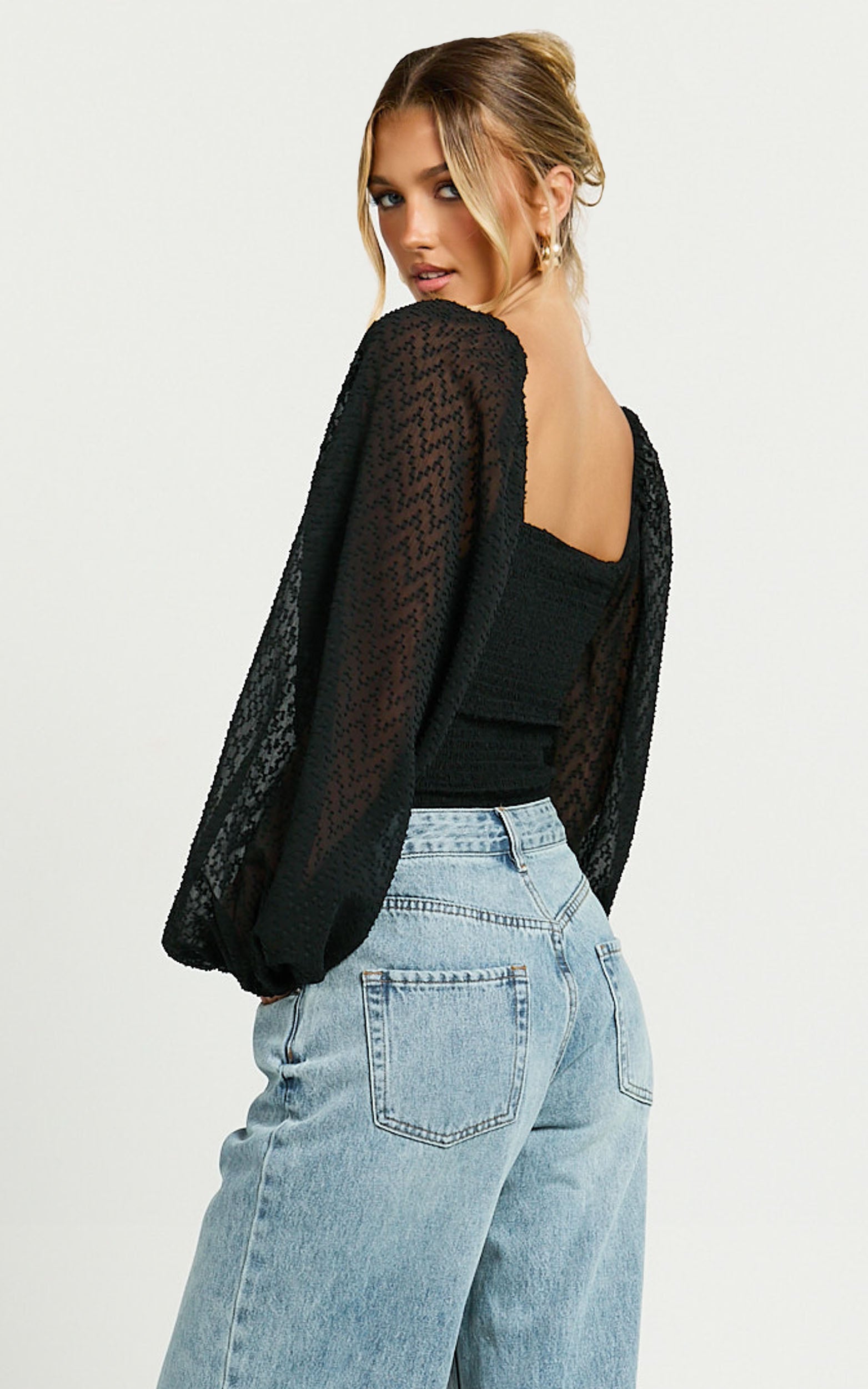 Lunara Bodysuit - Siyah Dokulu Balon Kollu Bodysuit