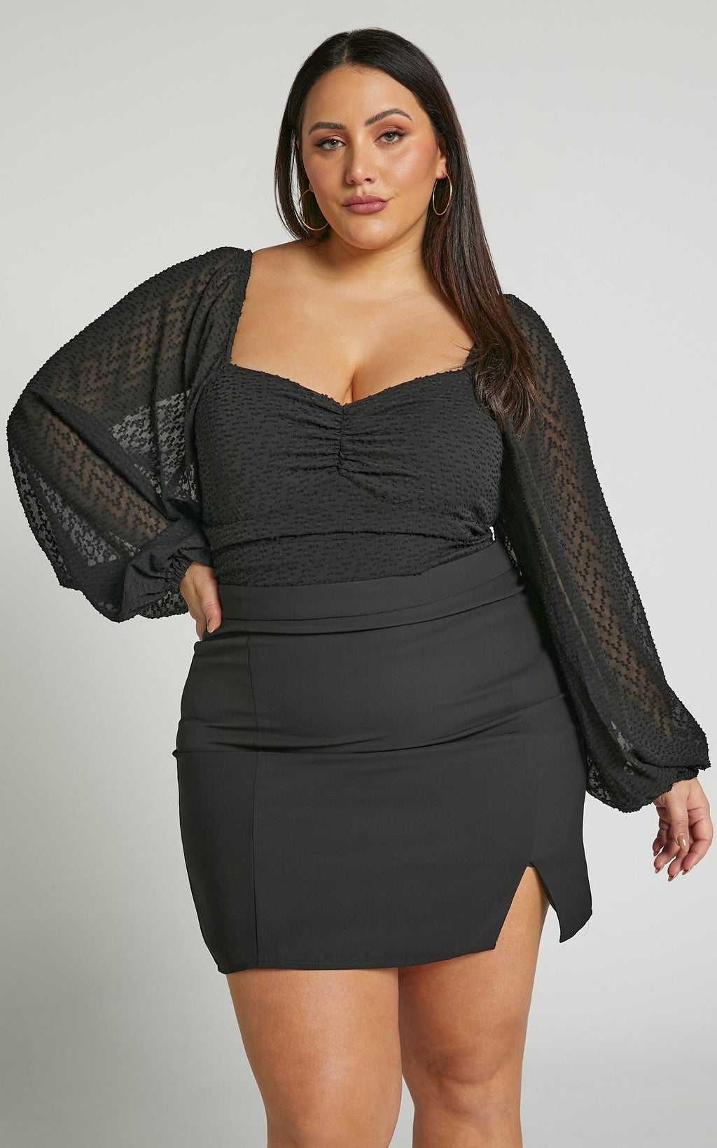 Lunara Bodysuit - Siyah Dokulu Balon Kollu Bodysuit