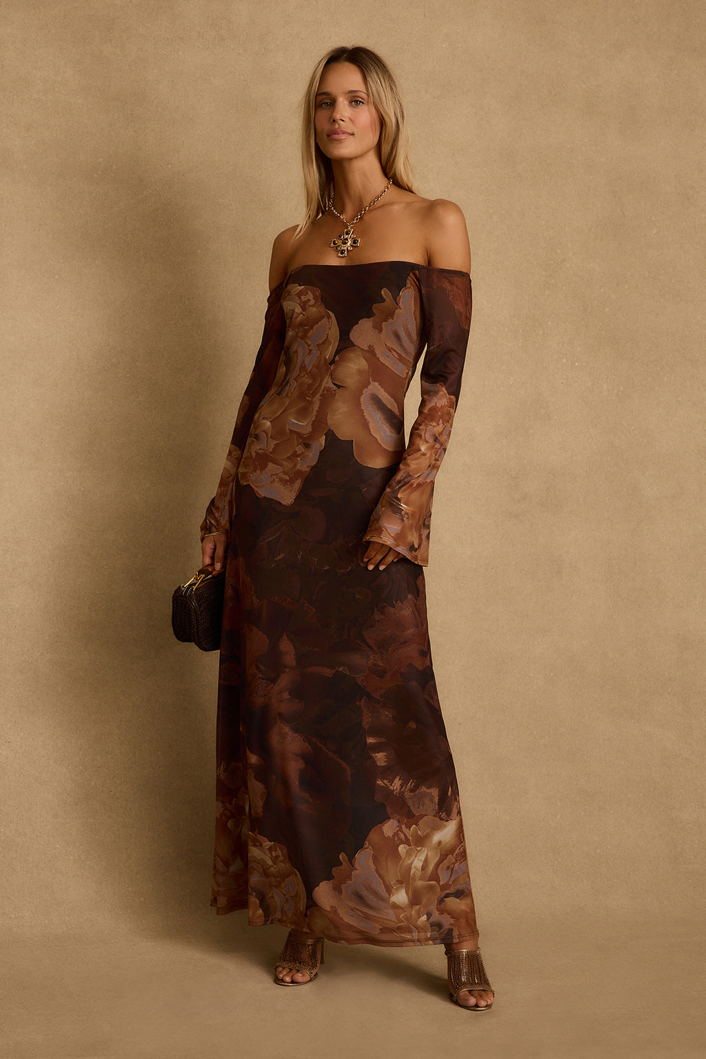Merritt Mocha Çiçekli File Maxi Elbise