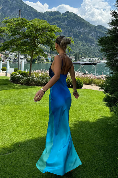 Mirabella Mavi Saten Sorbe Maxi Elbise