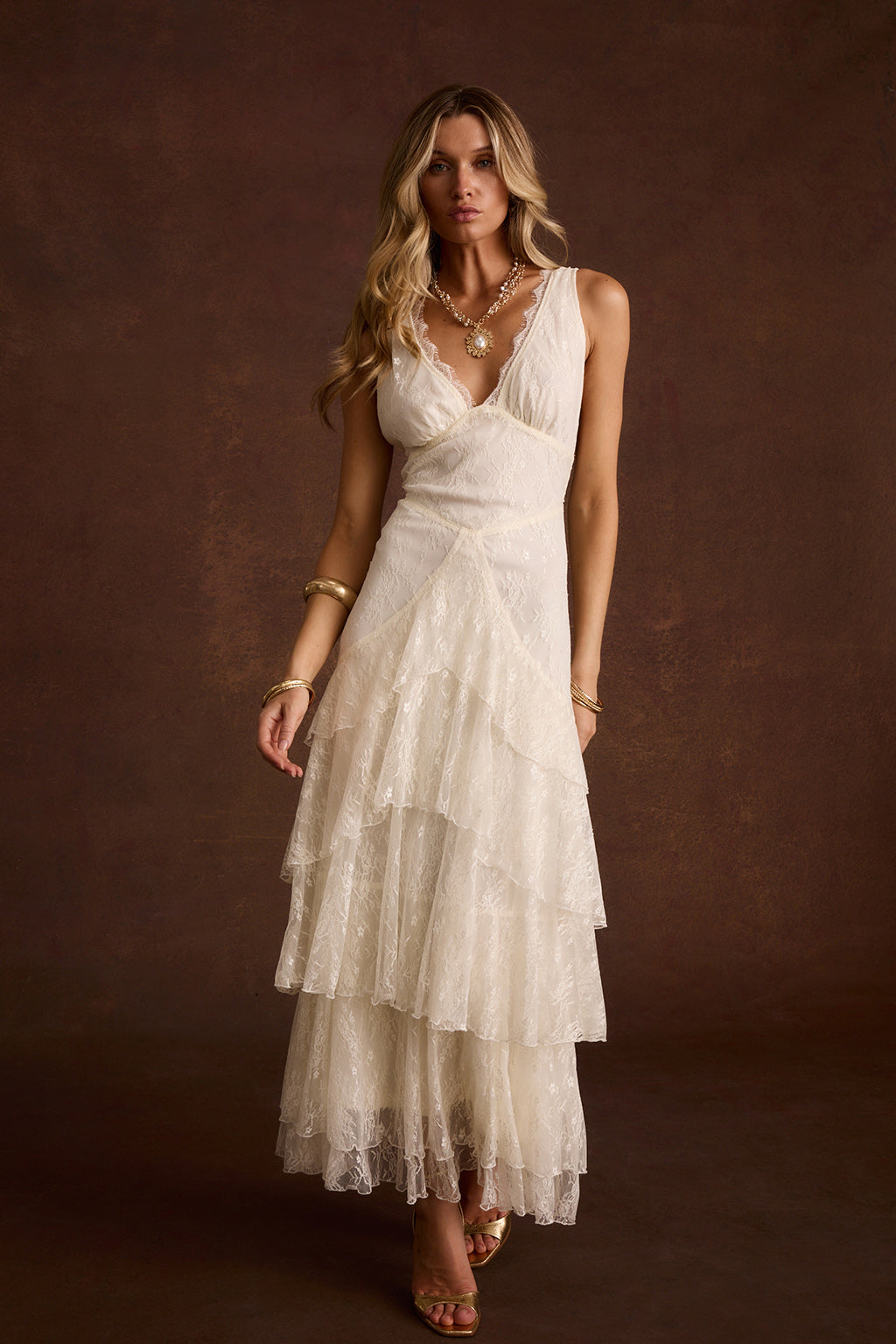 Mon Amour Krem Dantelli Maxi Elbise