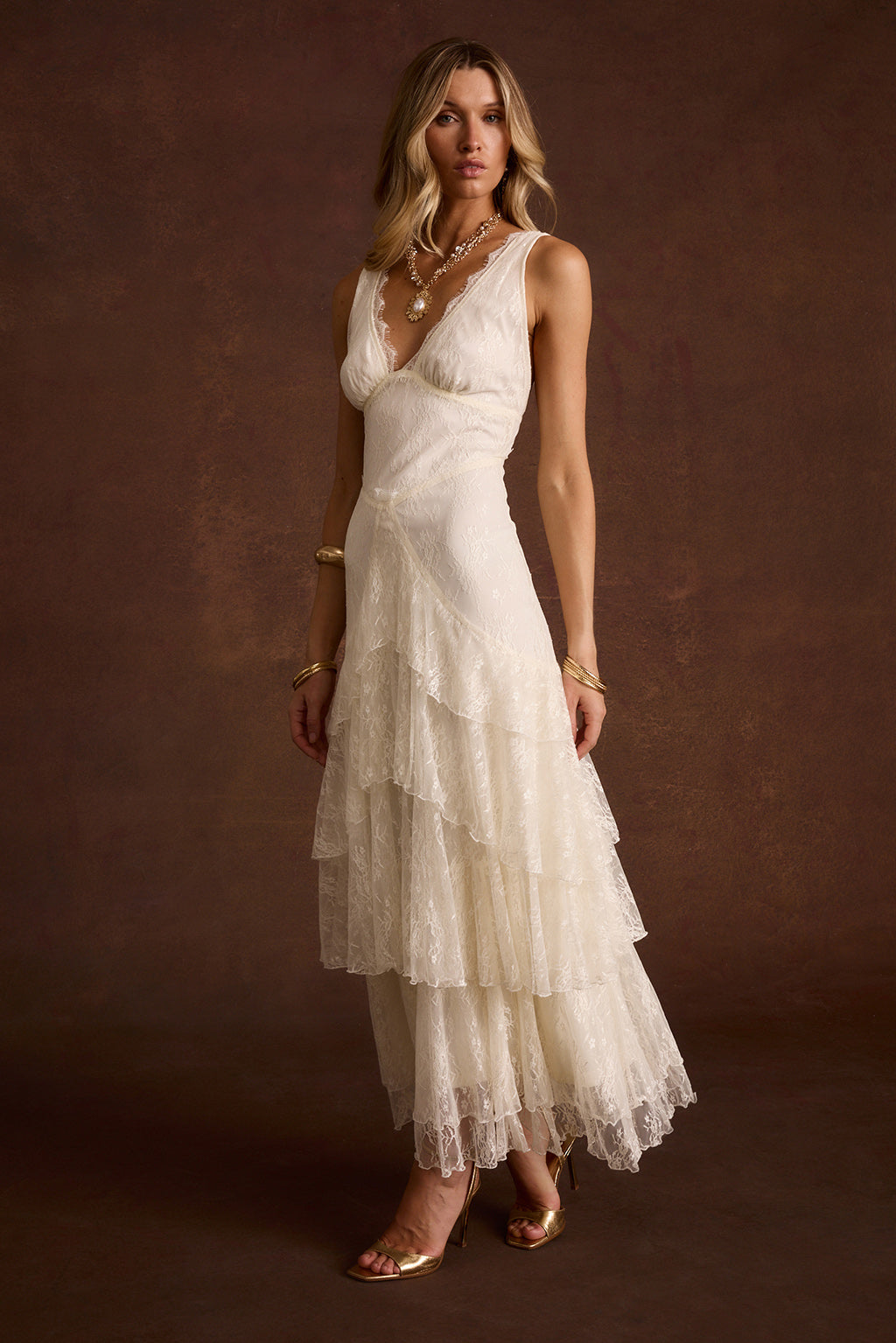 Mon Amour Krem Dantelli Maxi Elbise