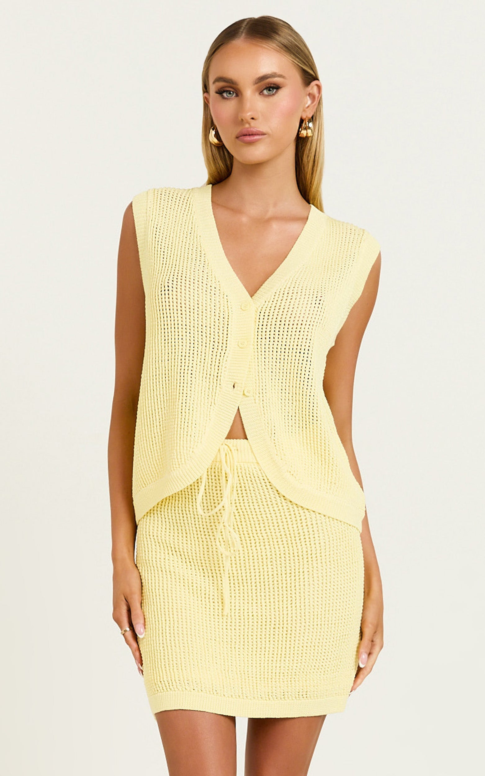 Megan Mini Etek - Limon Sarısı Tığ İşi Büzgülü Bel Etek