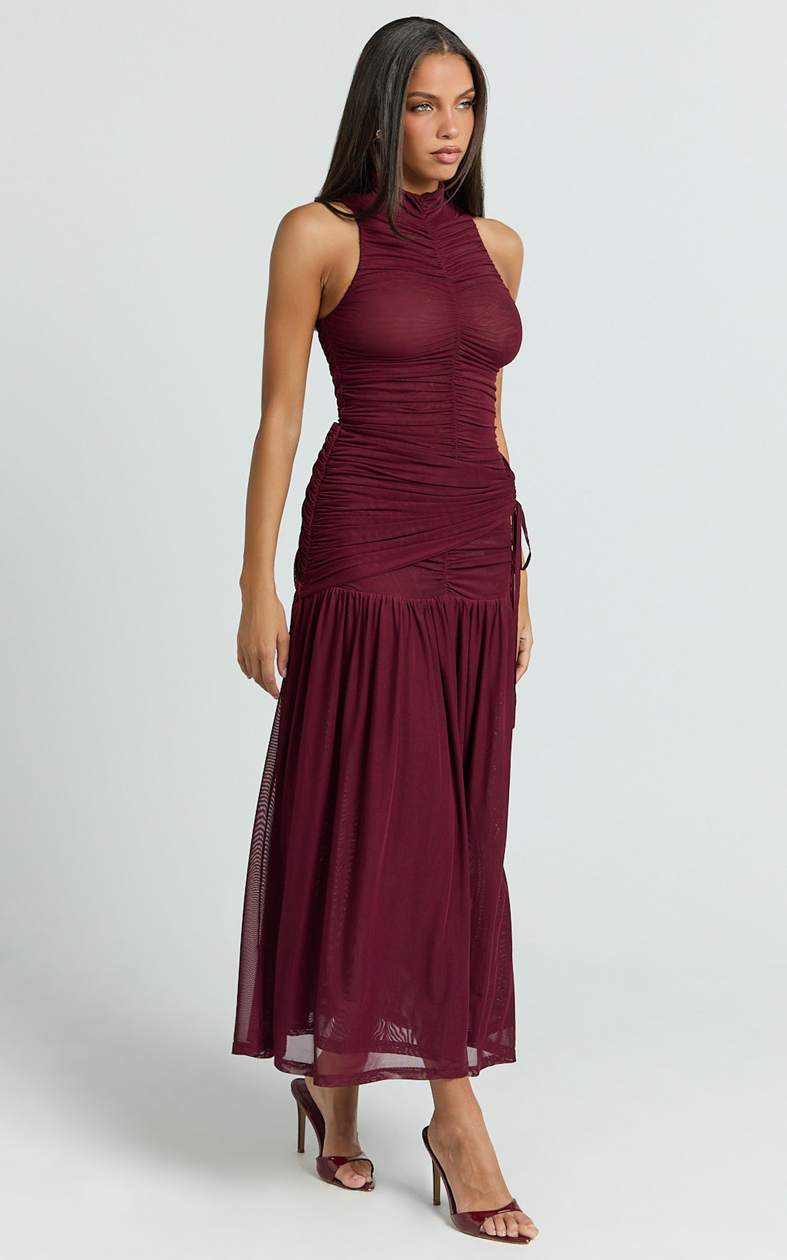 Metzie Midi Elbise - Bordo Yüksek Yaka Büzgülü Tül Elbise