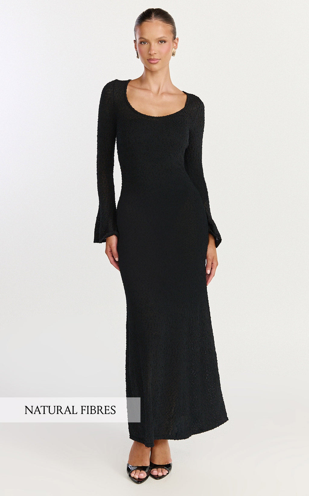 Michelle Maxi Elbise - Siyah U Yaka Volan Kollu Triko Elbise