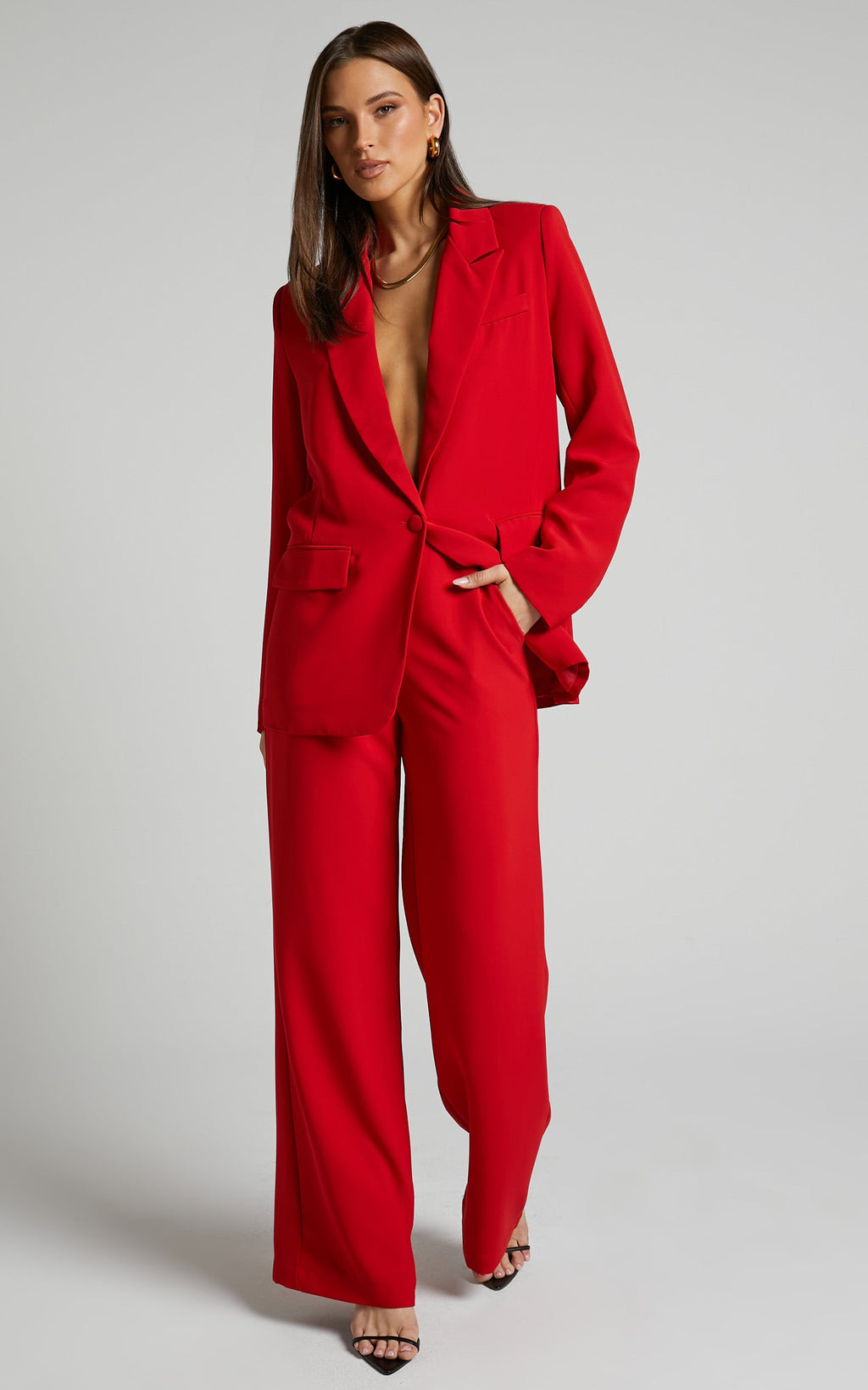 Michelle Blazer Ceket - Kırmızı Oversize Derin Yaka Düğmeli Blazer