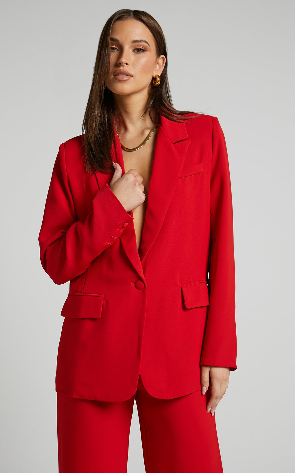 Michelle Blazer Ceket - Kırmızı Oversize Derin Yaka Düğmeli Blazer