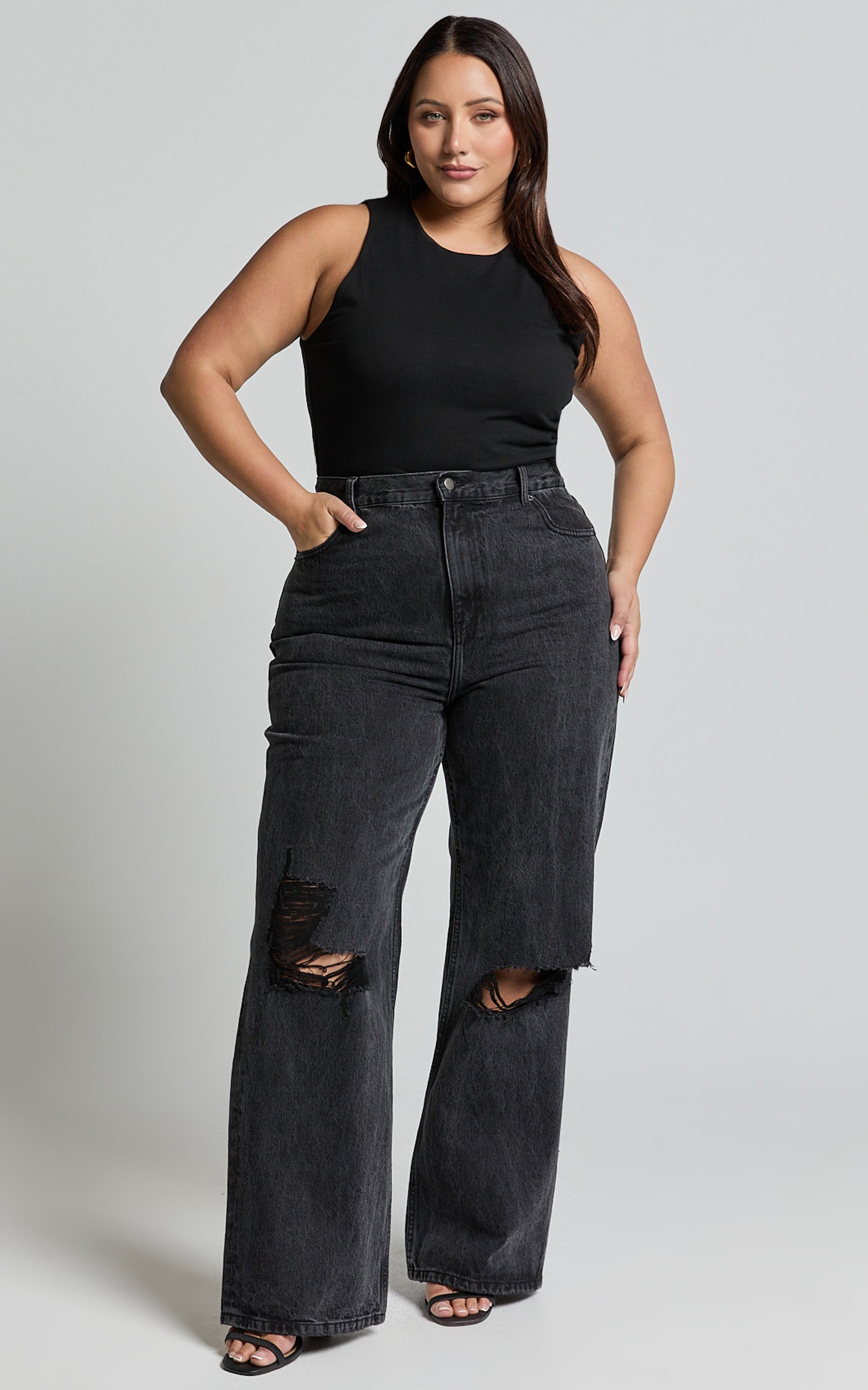Miho Jean - Yıkanmış Siyah Yüksek Bel Geri Dönüştürülmüş Pamuk Yıpratılmış Düz Paça Denim Jean